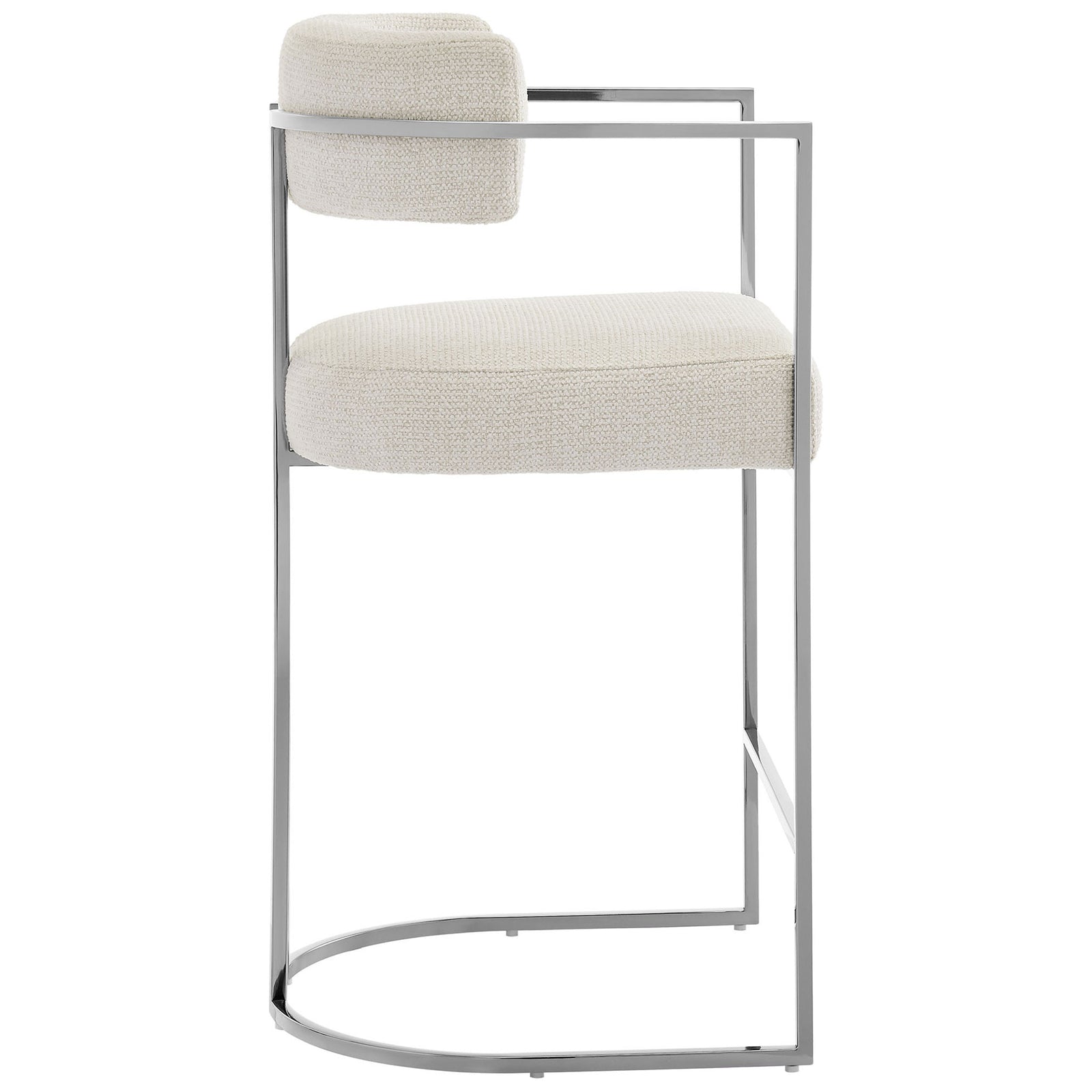 Open-back silhouette with slim arms and chrome sled base complements the plush, textured seat. || EEI-7227-SLV-CRE || side_studio