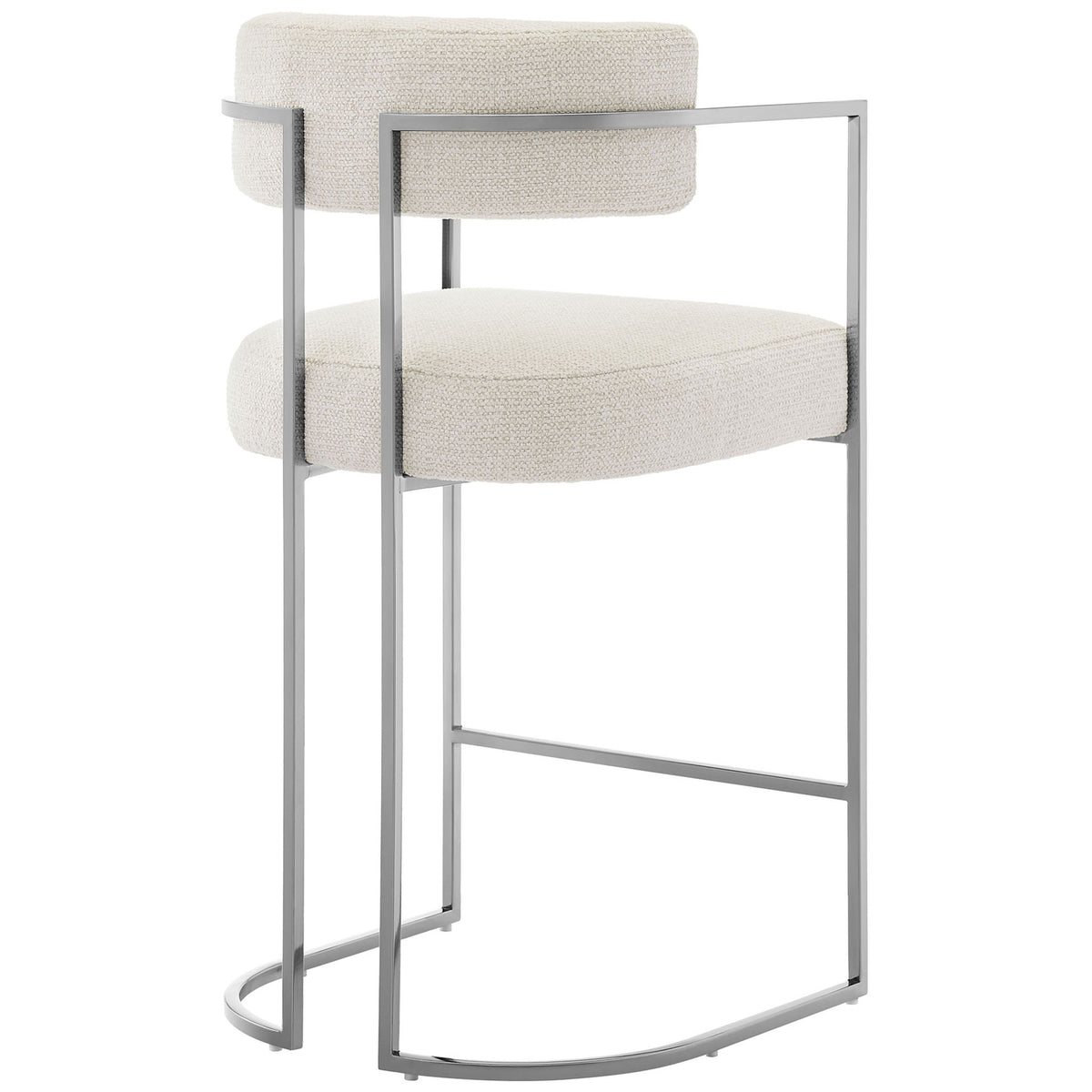 Wraparound barrel back with floating cushion and gleaming steel frame adds comfort and style. || EEI-7227-SLV-CRE || back_angle_studio