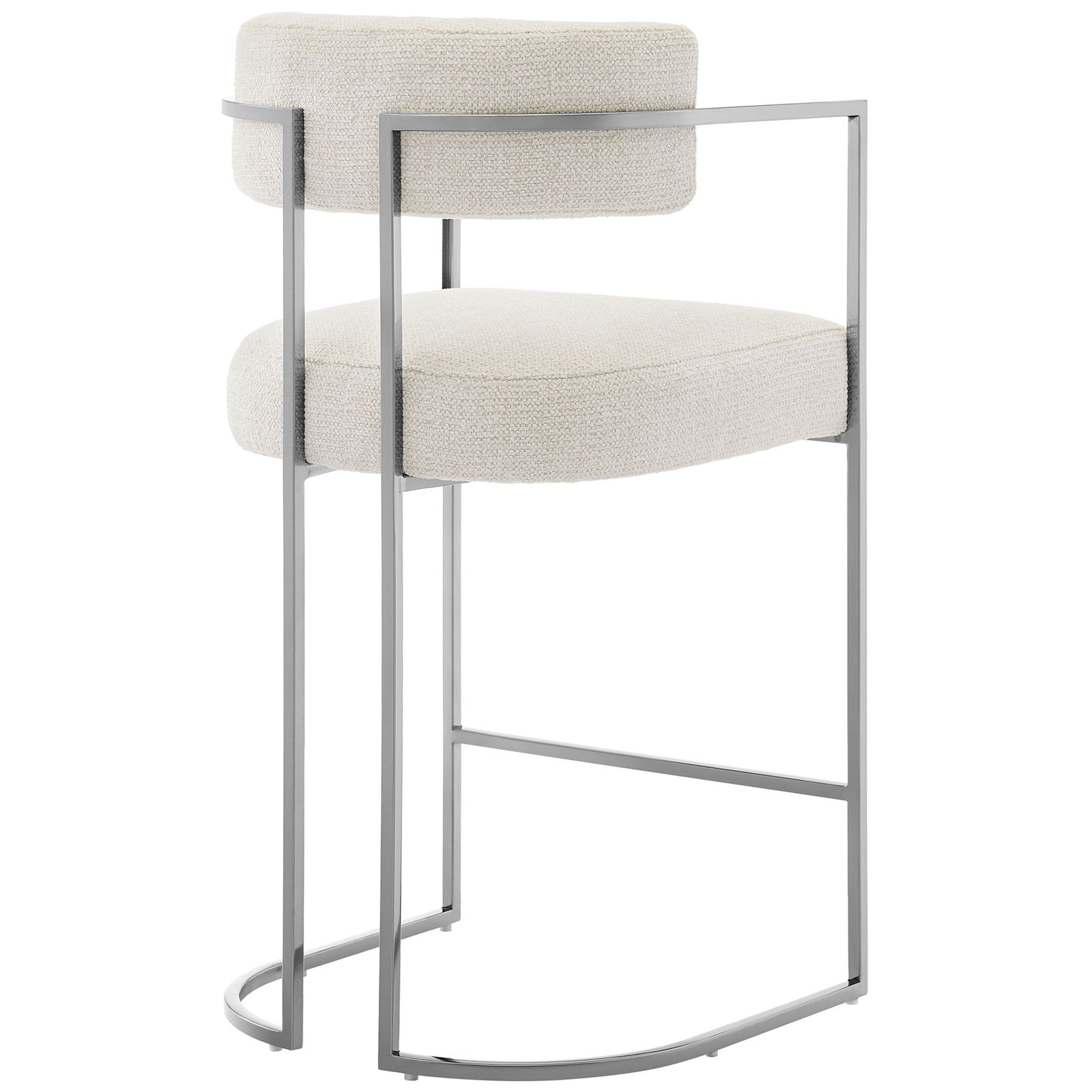 Wraparound barrel back with floating cushion and gleaming steel frame adds comfort and style. || EEI-7227-SLV-CRE || back_angle_studio