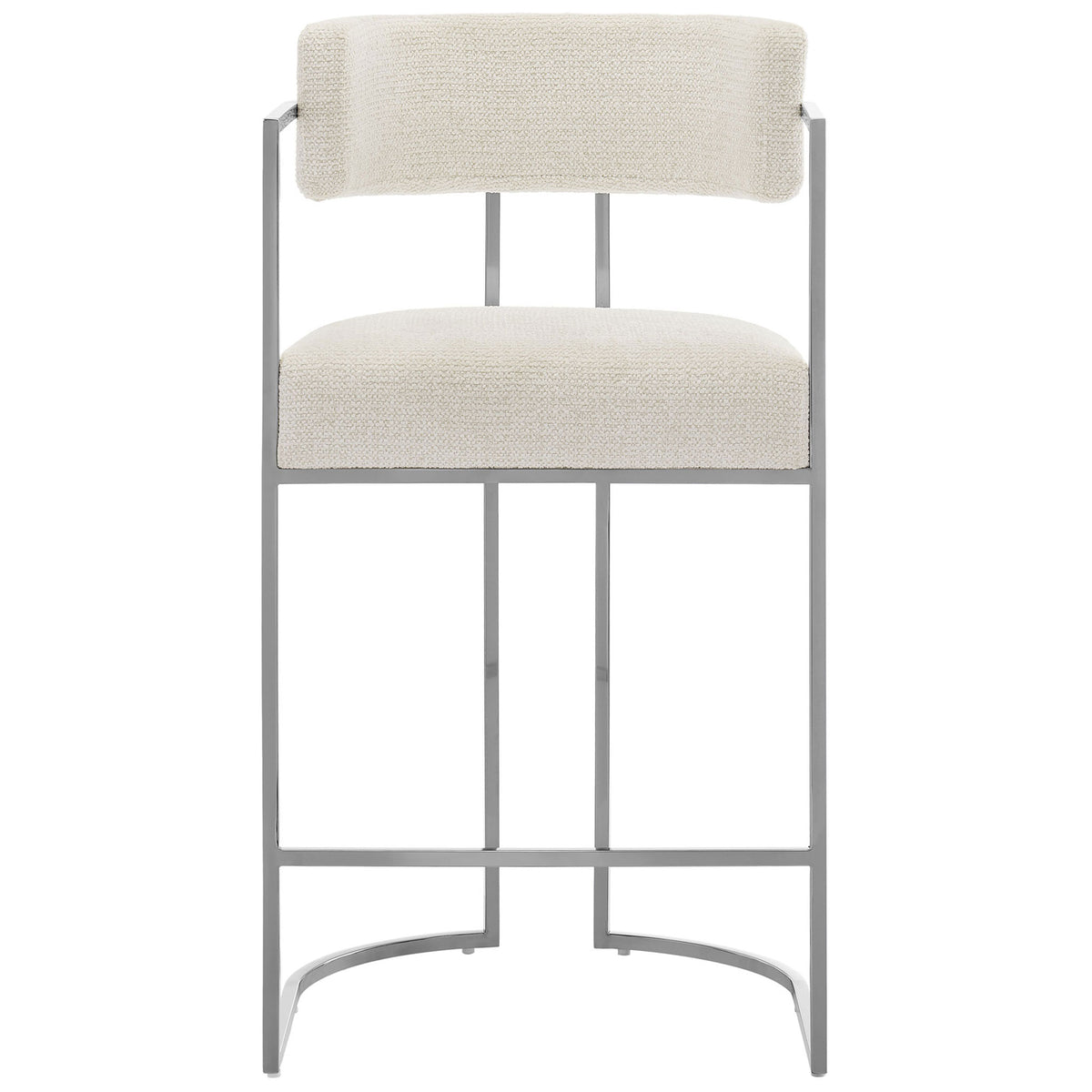 Curved barrel back and plush seat in cream boucle with polished chrome frame for modern counter seating. || EEI-7227-SLV-CRE || front_studio