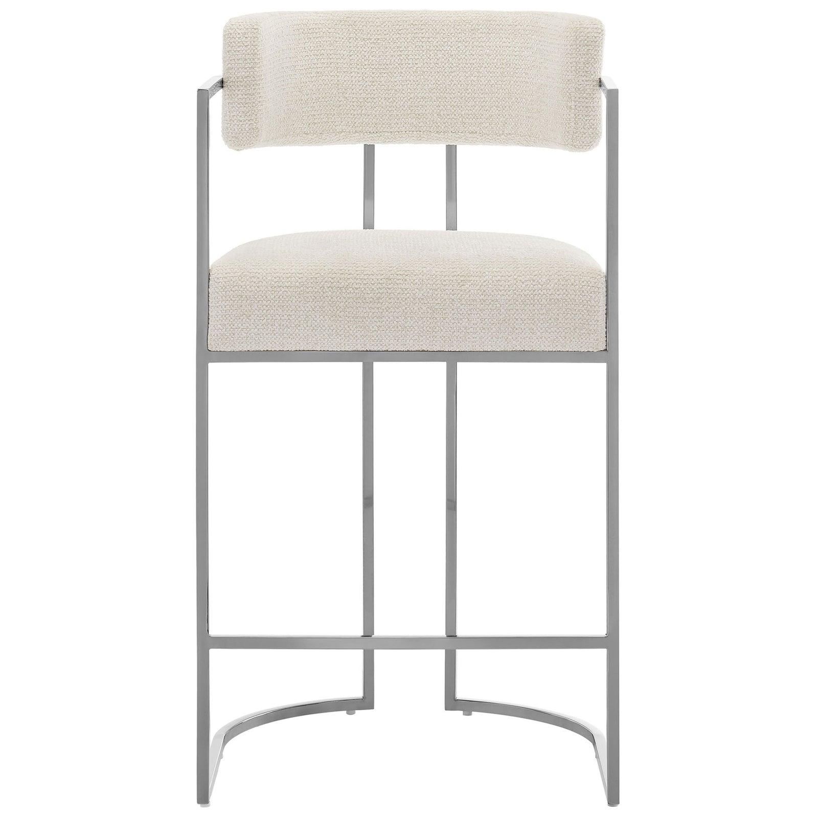 Curved barrel back and plush seat in cream boucle with polished chrome frame for modern counter seating. || EEI-7227-SLV-CRE || front_studio