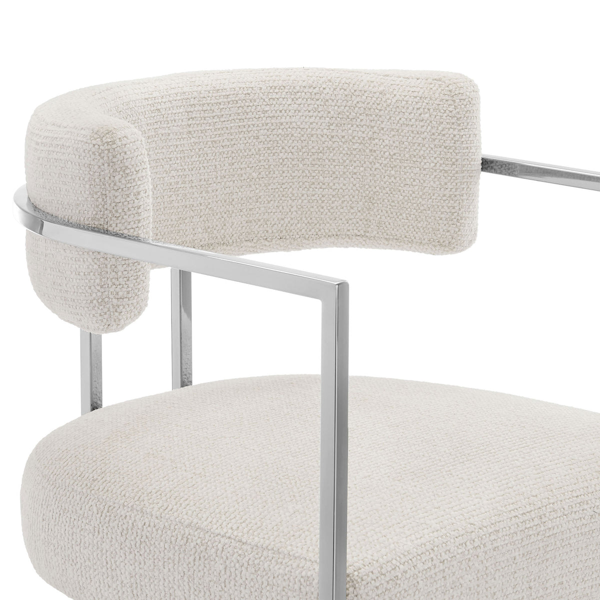 Textured woven upholstery and softly curved backrest deliver a tactile, refined finish. || EEI-7227-SLV-CRE || detail_studio