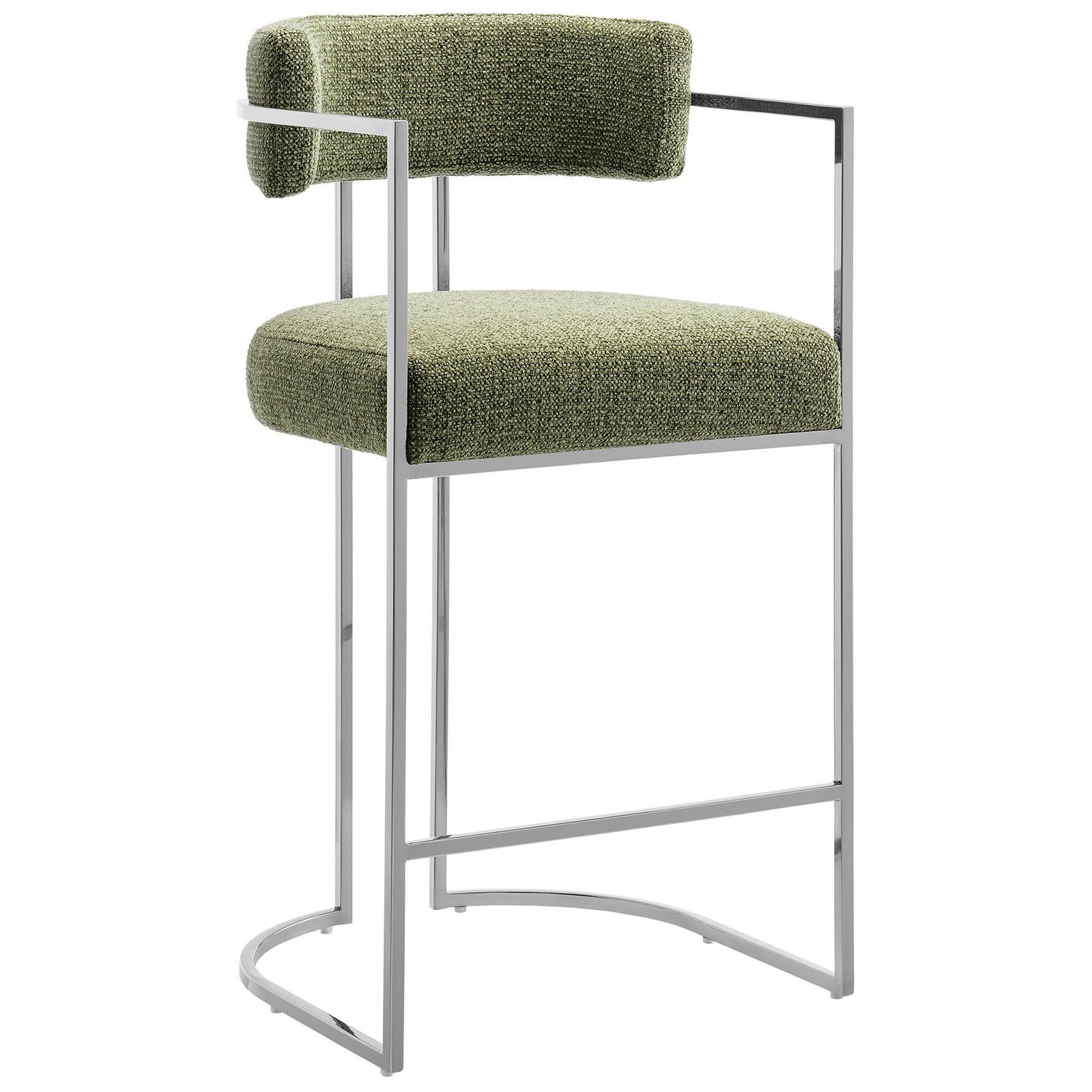 Modern counter stool with textured green upholstery, slim arms, and a gleaming stainless steel frame || EEI-7227-SLV-LEA || front_angle_studio