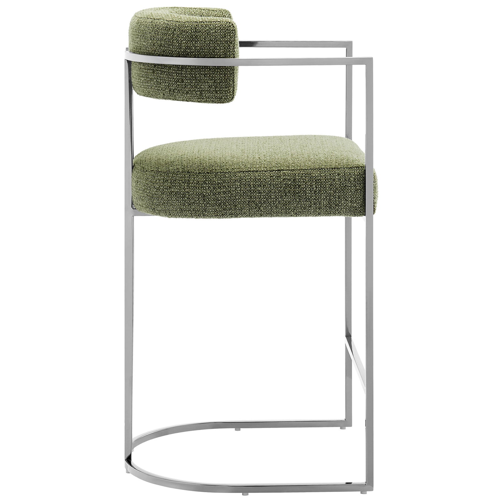 Streamlined silhouette highlights the arched sled base and slender metal arms || EEI-7227-SLV-LEA || side_studio