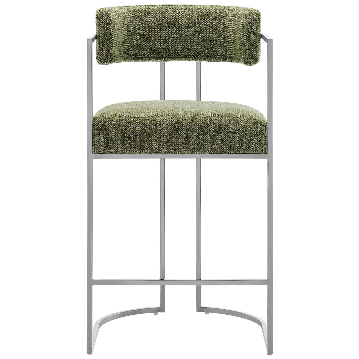 Curved barrel-back counter stool with plush green fabric and a polished chrome sled base || EEI-7227-SLV-LEA || front_studio