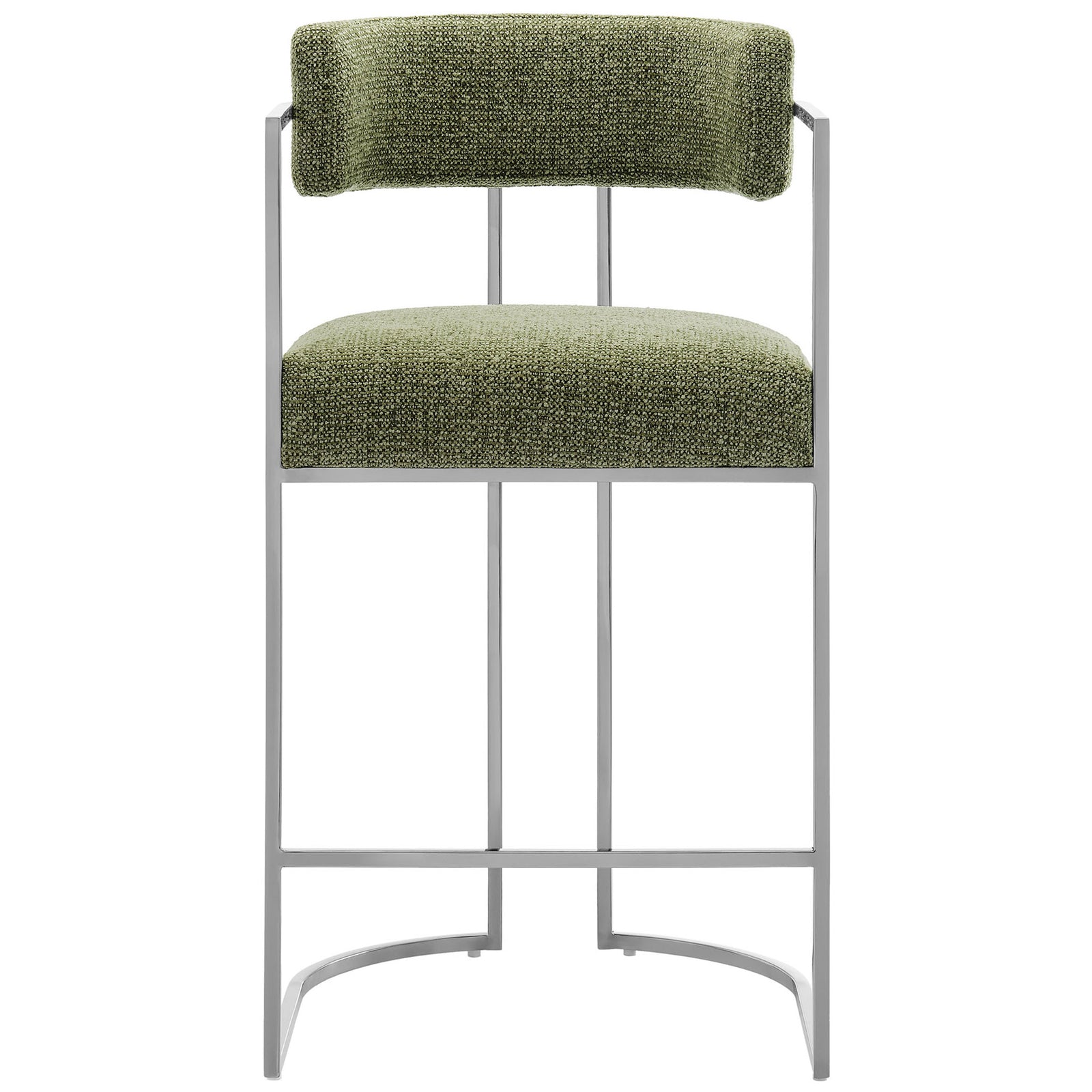Curved barrel-back counter stool with plush green fabric and a polished chrome sled base || EEI-7227-SLV-LEA || front_studio
