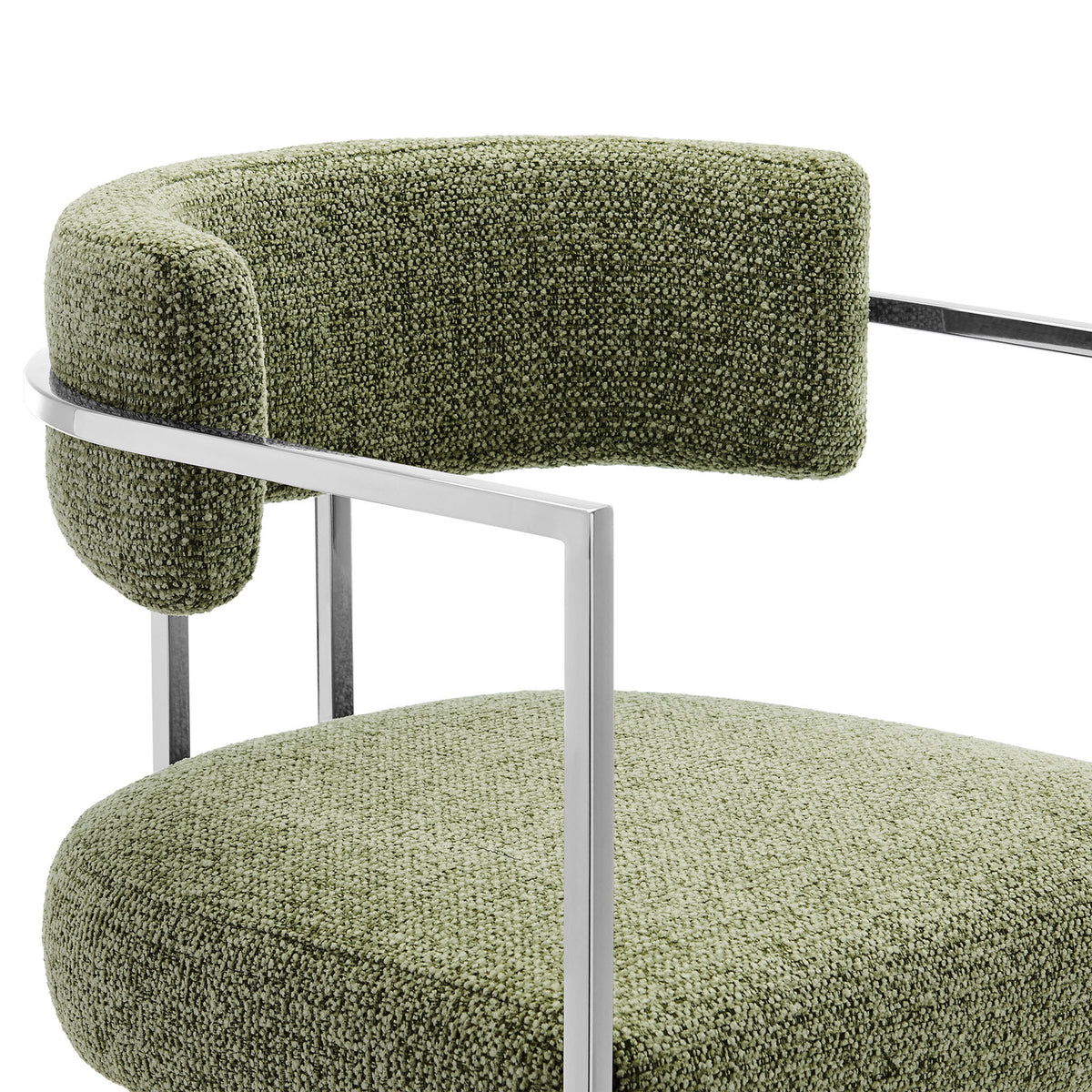 Textured green woven fabric pairs with a polished steel frame for tactile comfort and sleek contrast || EEI-7227-SLV-LEA || detail_studio