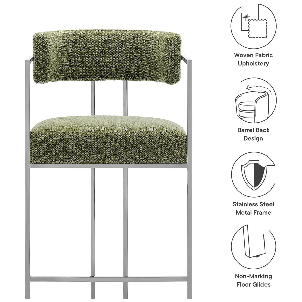 Key features include woven fabric upholstery, barrel back design, stainless steel frame, and floor glides || EEI-7227-SLV-LEA || callout_studio