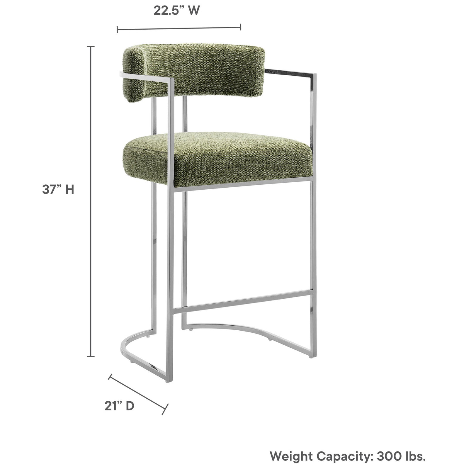 Dimensions shown: 22.5 in W x 21 in D x 37 in H; weight capacity 300 lb || EEI-7227-SLV-LEA || dimension_studio