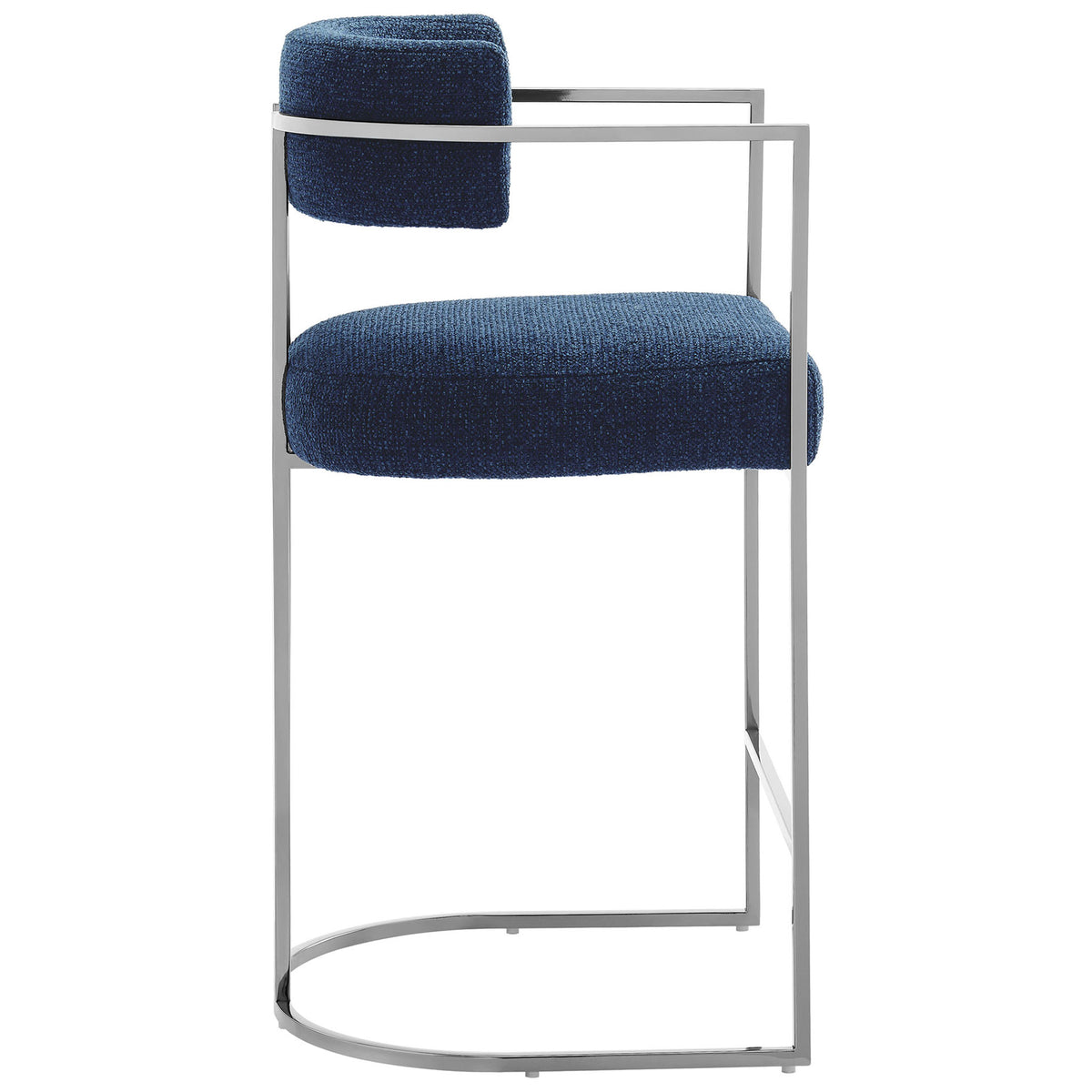 Sleek sled-base counter stool with padded seat and slim armrests in navy fabric || EEI-7227-SLV-NAV || side_studio