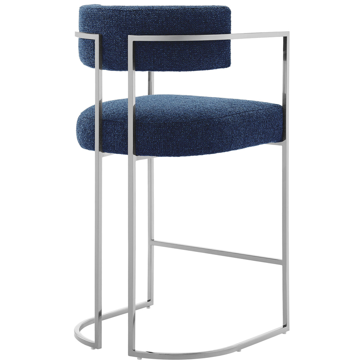 Rounded backrest wraps around a plush seat atop a stainless steel counter-height frame || EEI-7227-SLV-NAV || back_angle_studio