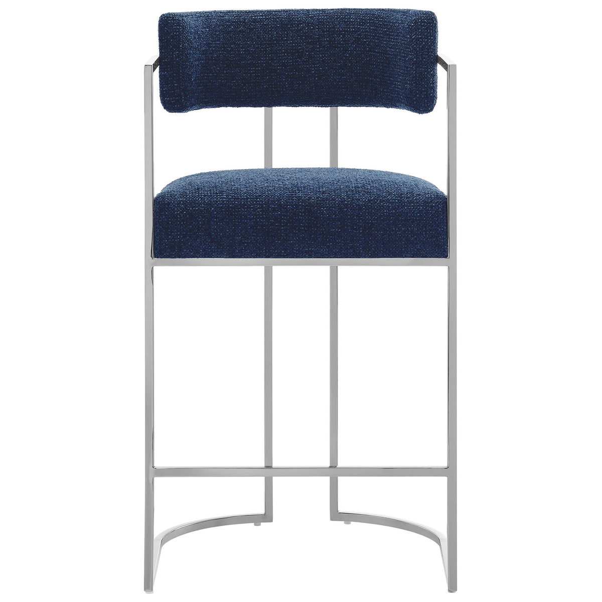 Curved-back counter stool with navy woven upholstery and polished steel sled base || EEI-7227-SLV-NAV || front_studio