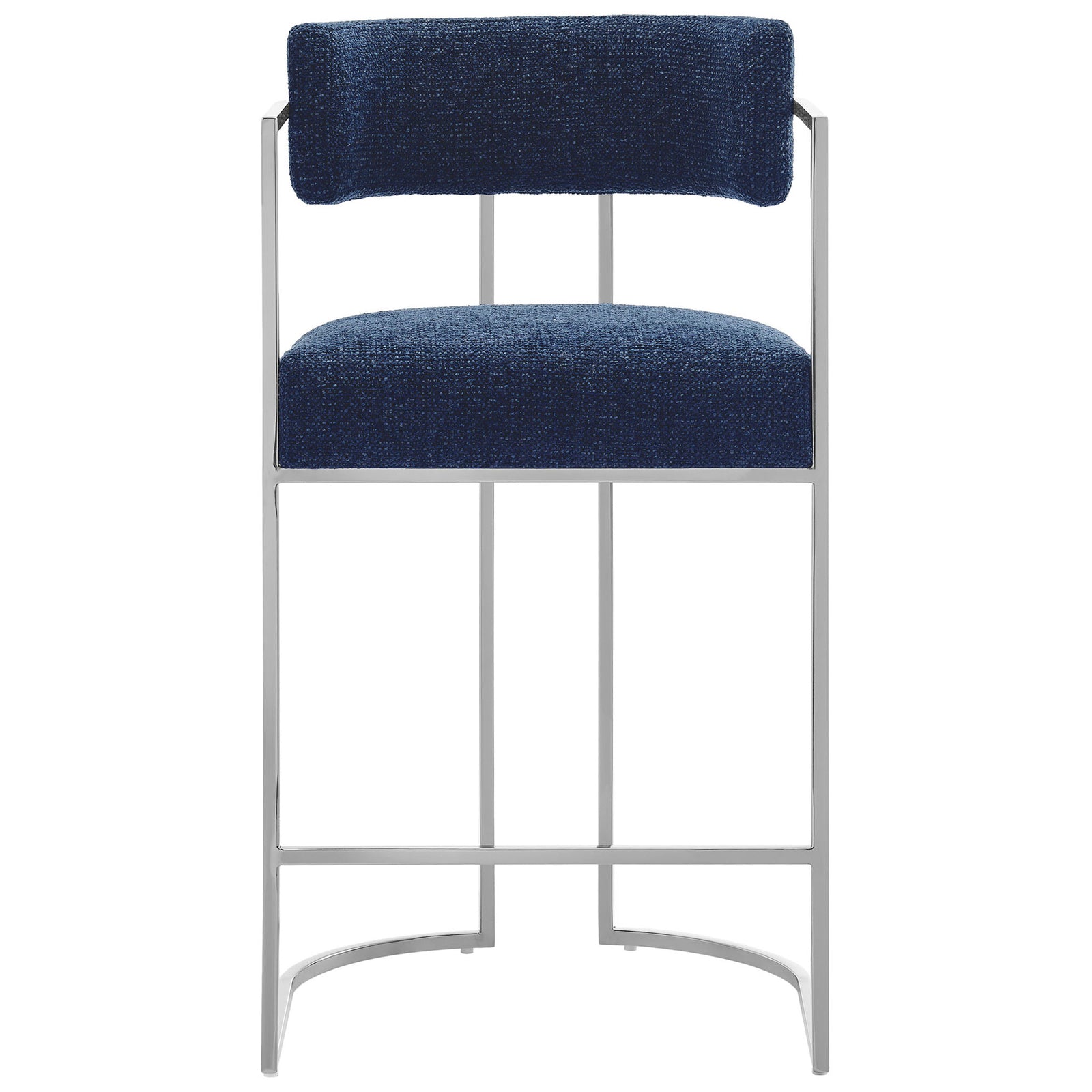 Curved-back counter stool with navy woven upholstery and polished steel sled base || EEI-7227-SLV-NAV || front_studio
