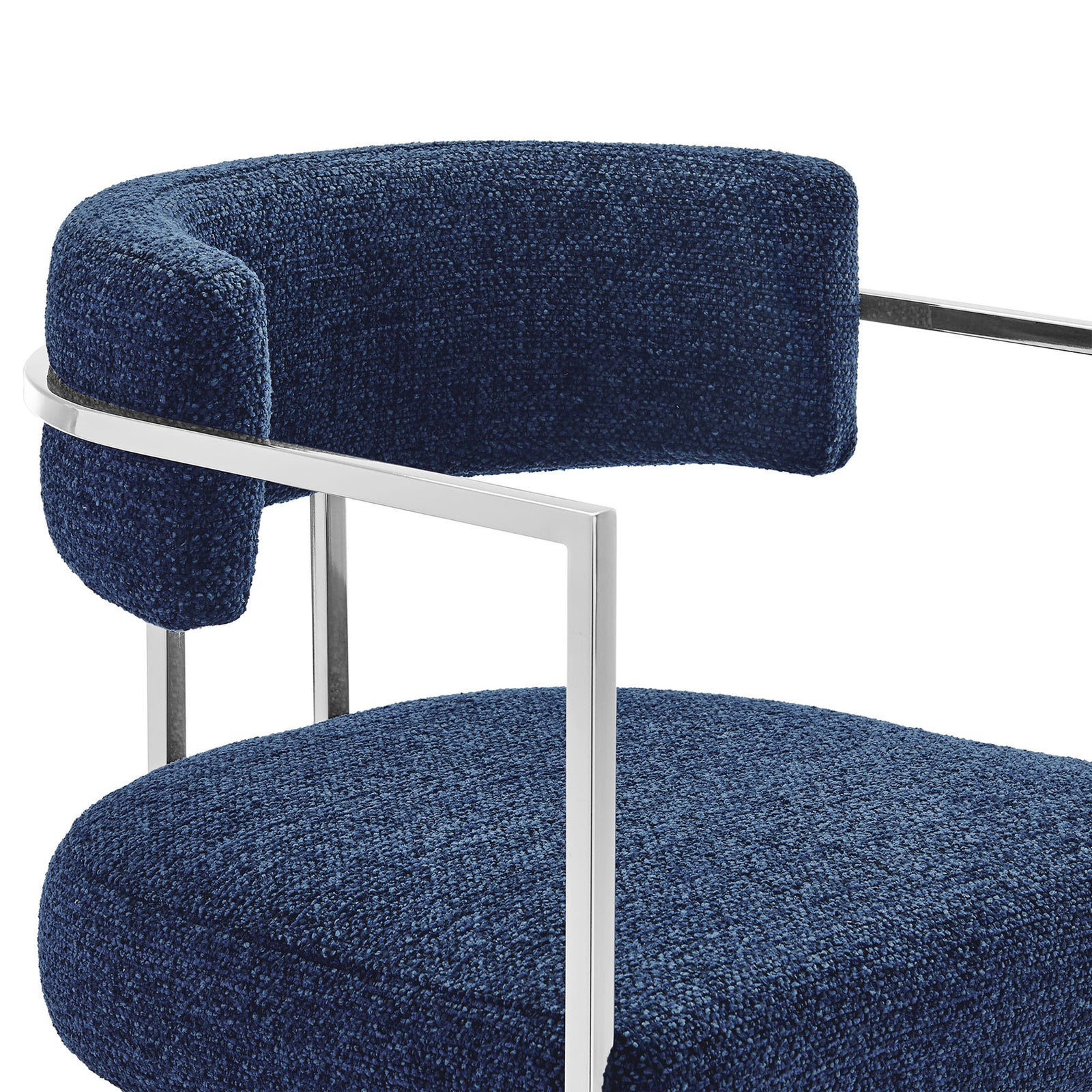 Textured navy fabric and cushioned curves add comfort to the barrel-back seat || EEI-7227-SLV-NAV || detail_studio