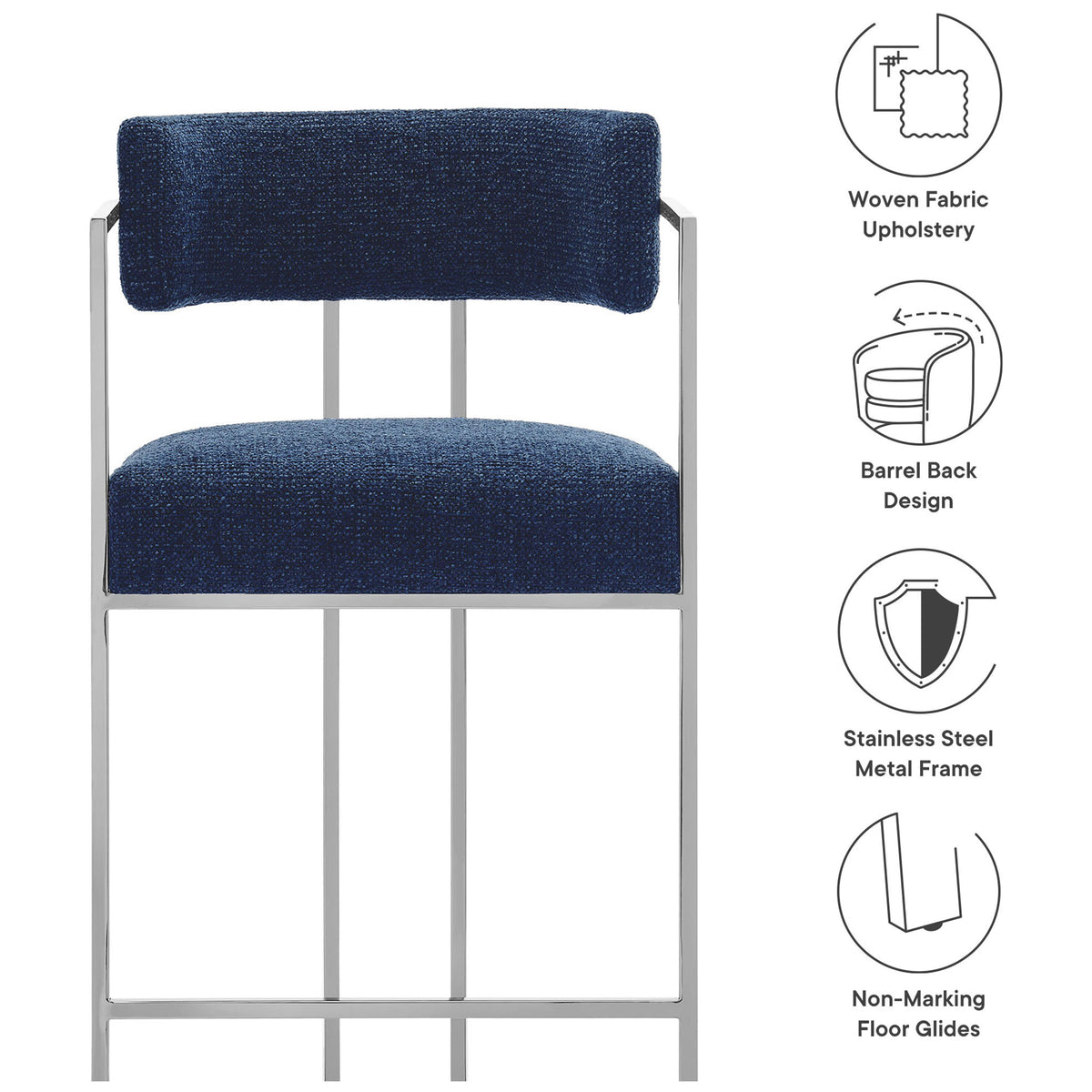 Woven upholstery, barrel-back design, stainless steel frame, and non-marking glides || EEI-7227-SLV-NAV || callout_studio