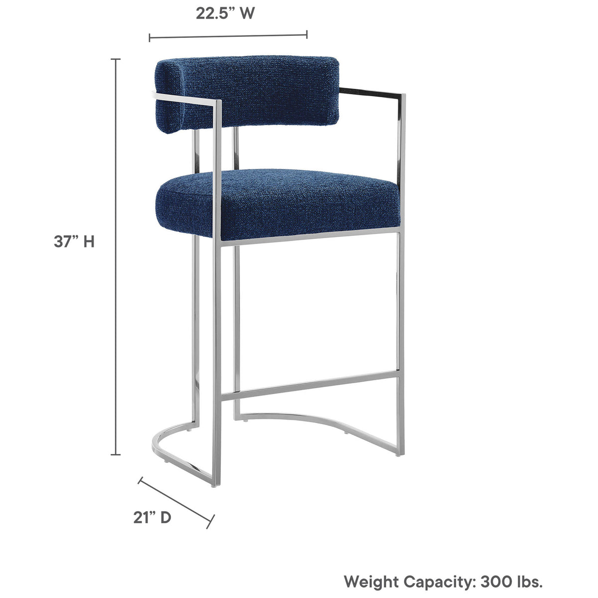 Compact counter stool sized for islands at 22.5 in W, 21 in D, and 37 in H || EEI-7227-SLV-NAV || dimension_studio