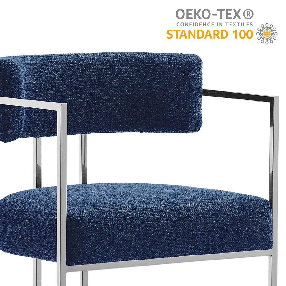 OEKO-TEX Standard 100 certified fabric on a supportive, modern counter stool || EEI-7227-SLV-NAV || callout_studio