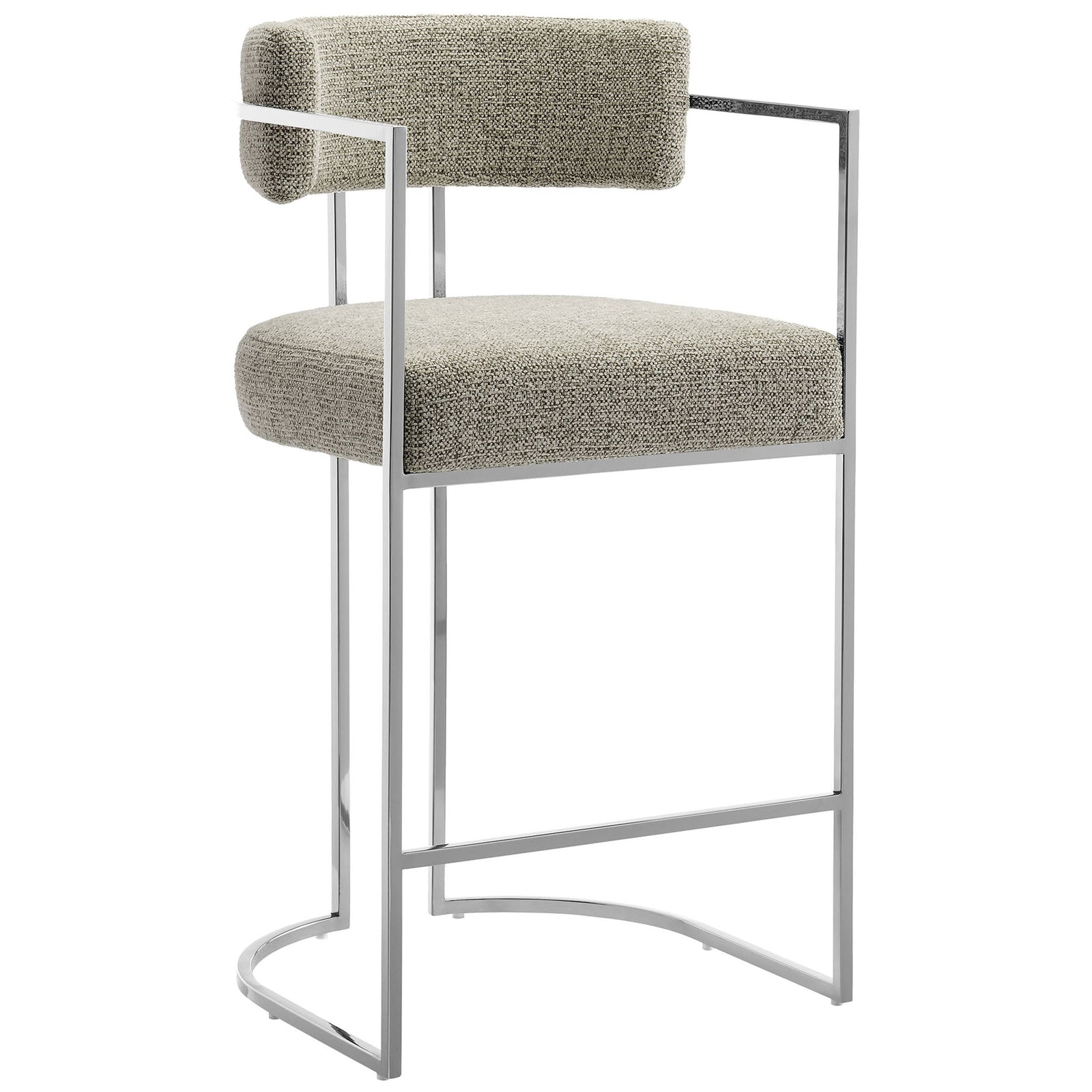 Curved barrel-back counter stool with textured silver wheat upholstery and chrome sled base || EEI-7227-SLV-WHE || front_angle_studio
