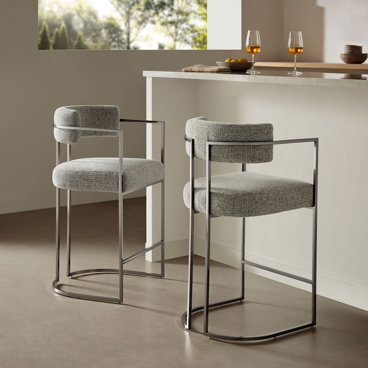 Modern counter stool elevates your island with chrome base and soft silver wheat fabric || EEI-7227-SLV-WHE || front_angle_room