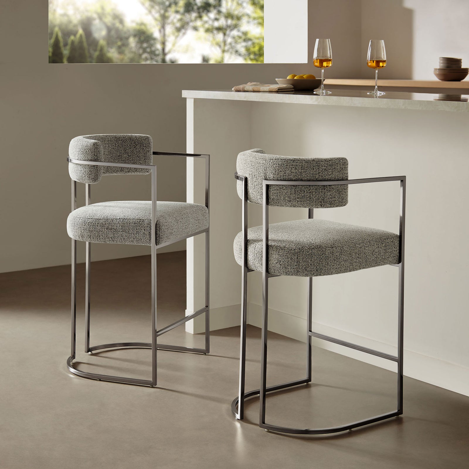 Modern counter stool elevates your island with chrome base and soft silver wheat fabric || EEI-7227-SLV-WHE || front_angle_room
