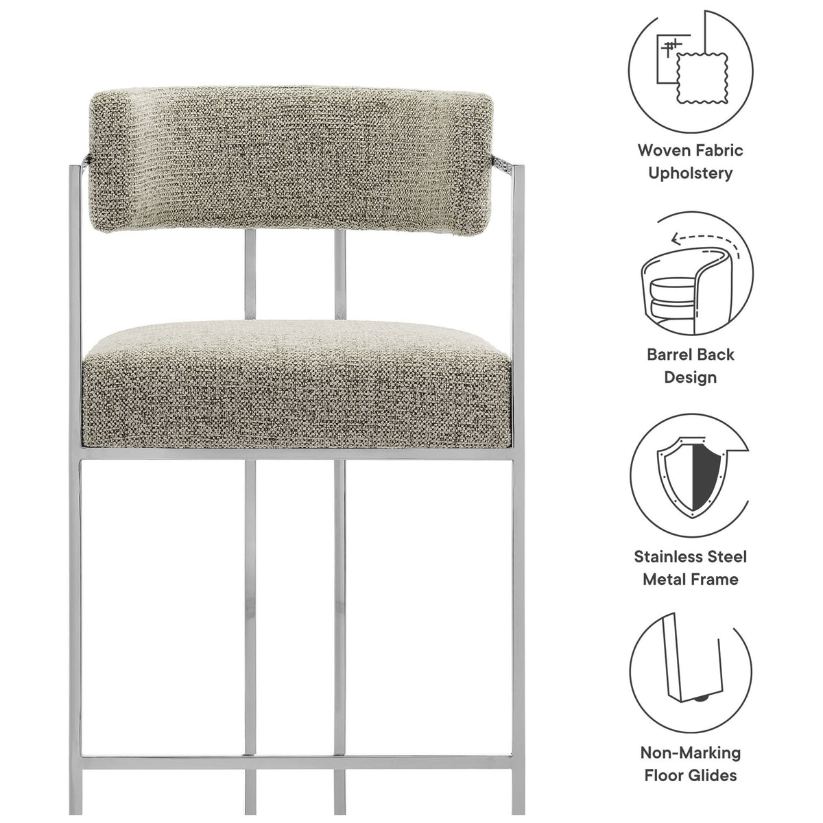 Woven upholstery, barrel back, stainless steel frame, and non-marking floor glides || EEI-7227-SLV-WHE || callout_studio