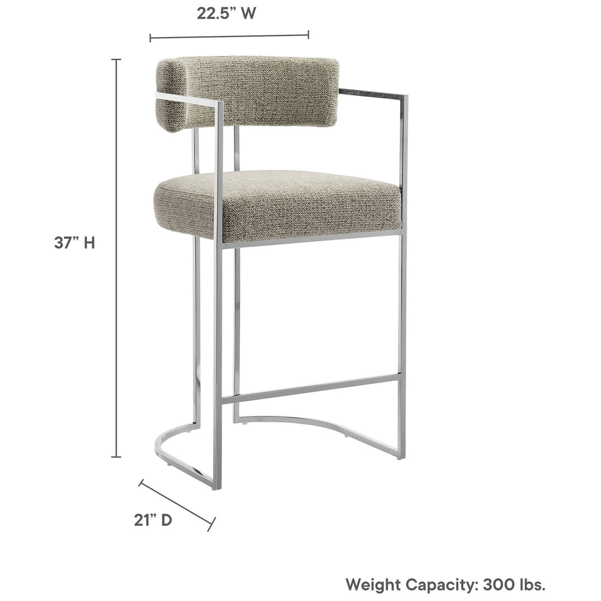Counter-height design with 22.5 inch width, 21 inch depth, and 37 inch overall height || EEI-7227-SLV-WHE || dimension_studio