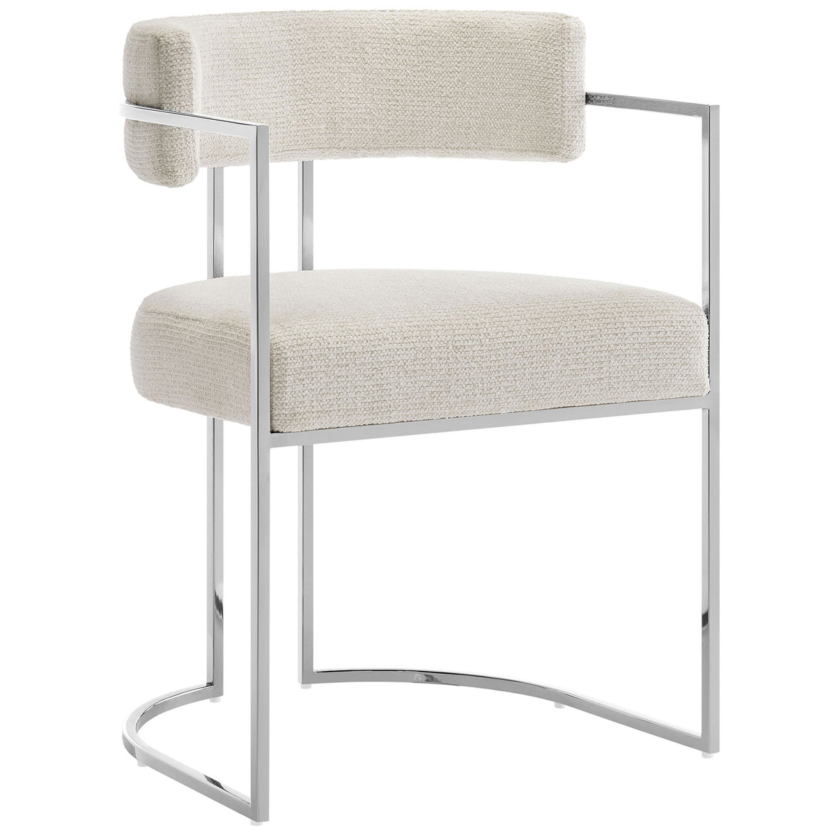 Silver cream barrel-back dining chair with padded seat and polished metal sled base || EEI-7228-SLV-CRE || front_angle_studio
