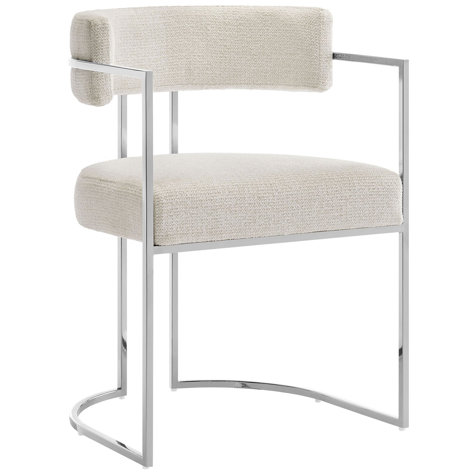 Silver cream barrel-back dining chair with padded seat and polished metal sled base || EEI-7228-SLV-CRE || front_angle_studio