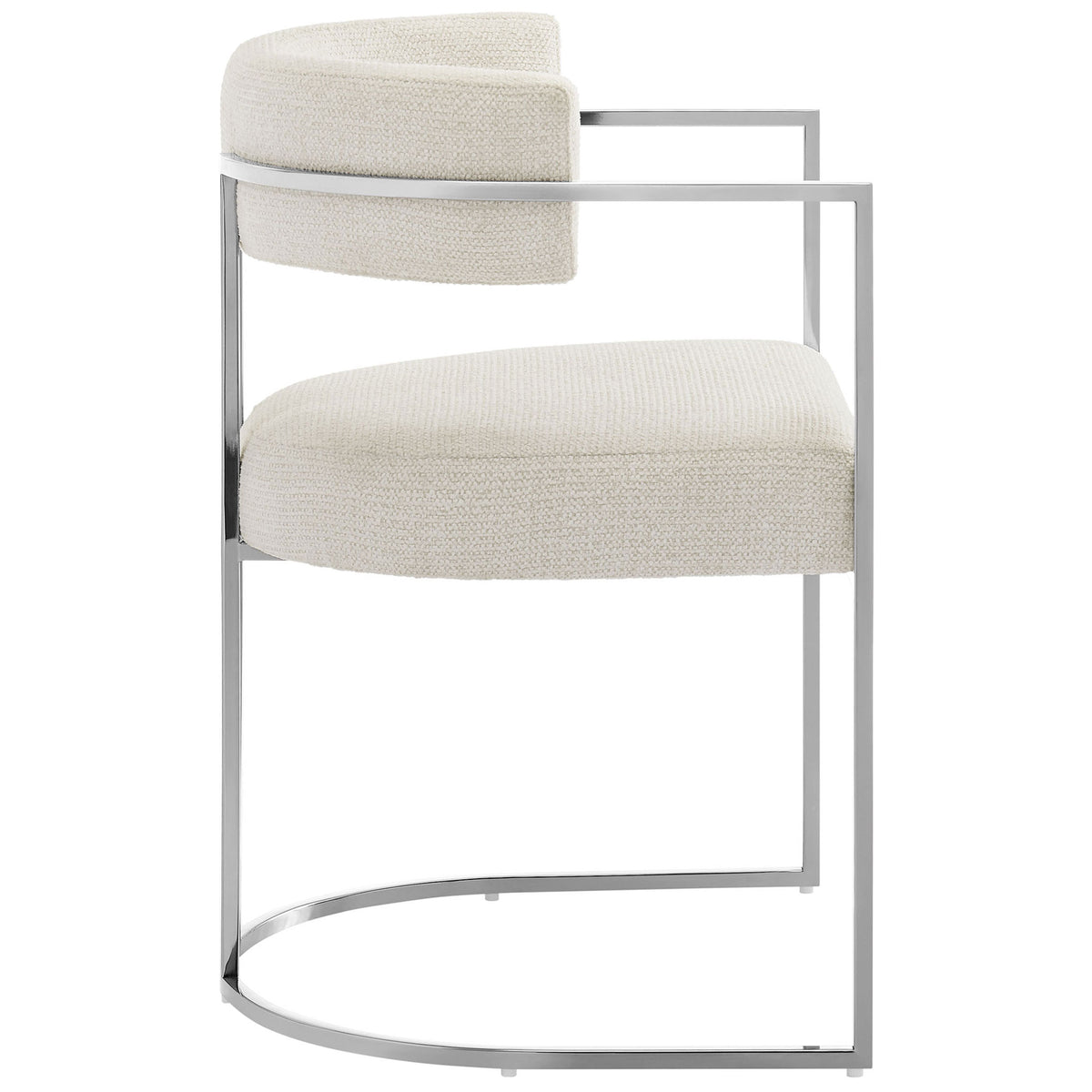 Curved back dining chair in silver cream fabric with sleek chrome frame and generous seat cushioning || EEI-7228-SLV-CRE || side_studio