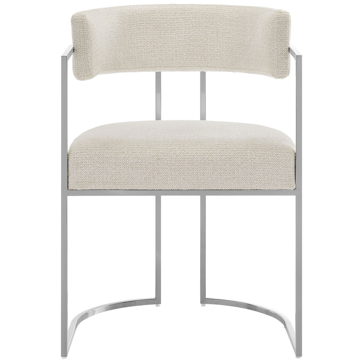 Front view of cushioned barrel-back dining chair with cream textured seat and gleaming chrome frame || EEI-7228-SLV-CRE || front_studio