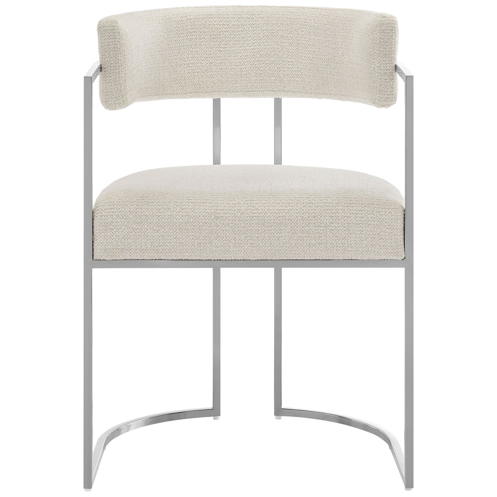 Front view of cushioned barrel-back dining chair with cream textured seat and gleaming chrome frame || EEI-7228-SLV-CRE || front_studio