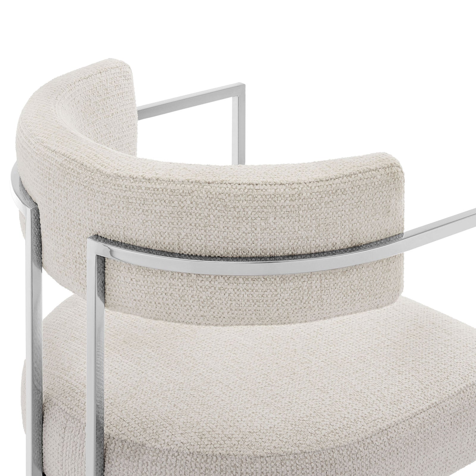 Close-up of curved upholstered backrest highlighting soft textured fabric and slim chrome support || EEI-7228-SLV-CRE || detail_studio