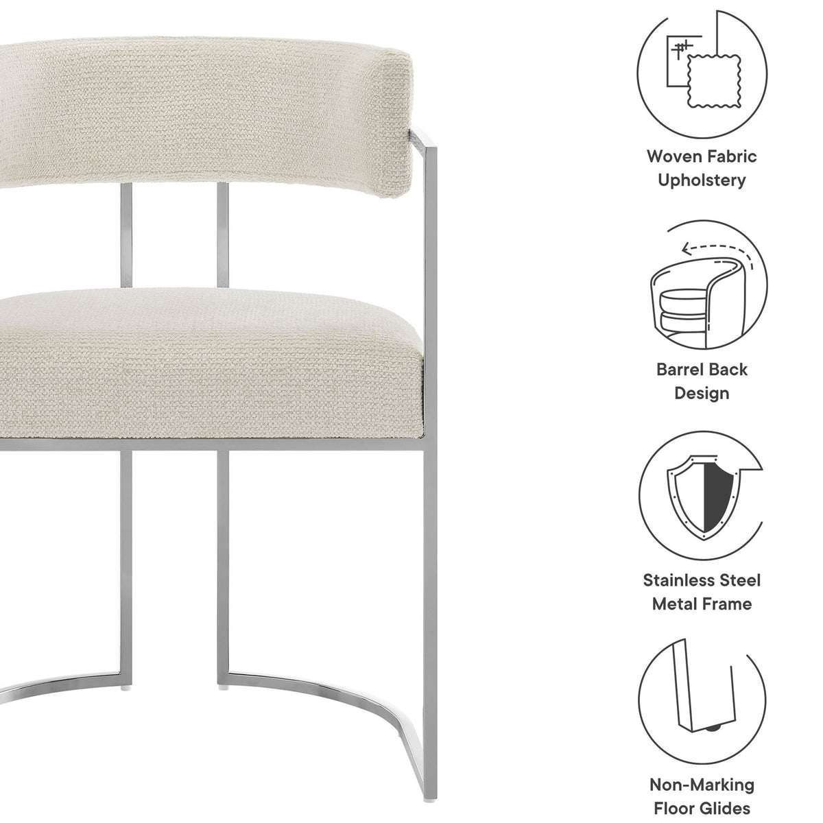 Feature callouts highlighting woven fabric upholstery, barrel back design, and non-marking floor glides || EEI-7228-SLV-CRE || callout_studio