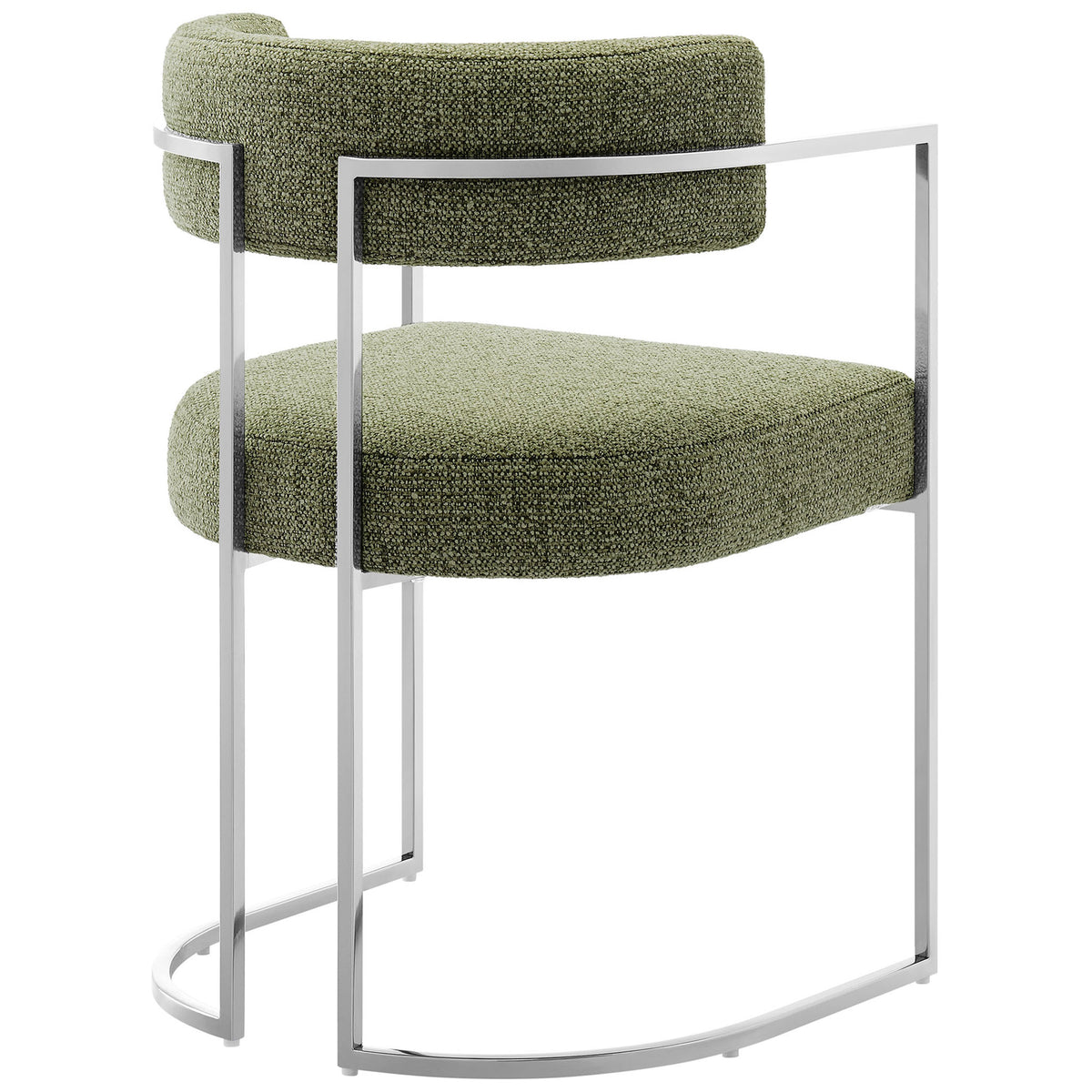 Sculptural curved backrest and polished chrome frame of the Huron dining accent chair || EEI-7228-SLV-LEA || back_angle_studio