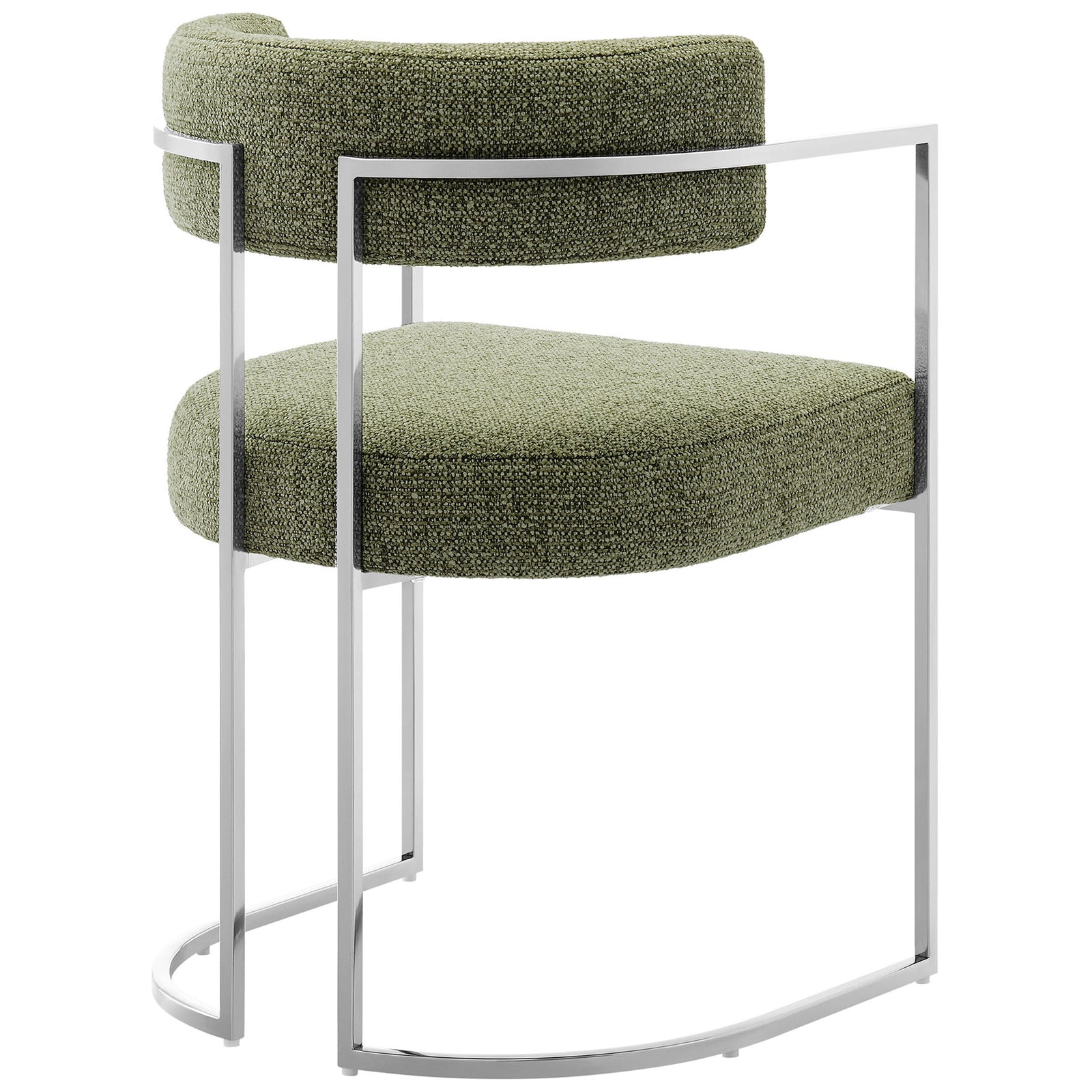 Sculptural curved backrest and polished chrome frame of the Huron dining accent chair || EEI-7228-SLV-LEA || back_angle_studio