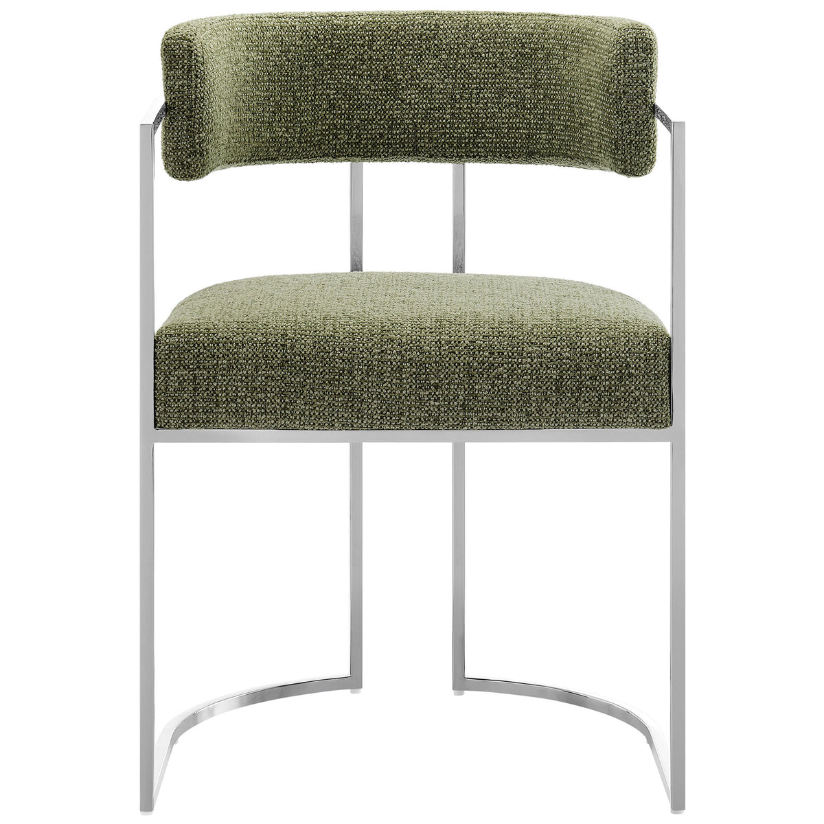 Barrel-back dining chair with plush green fabric seat and supportive wraparound back || EEI-7228-SLV-LEA || front_studio