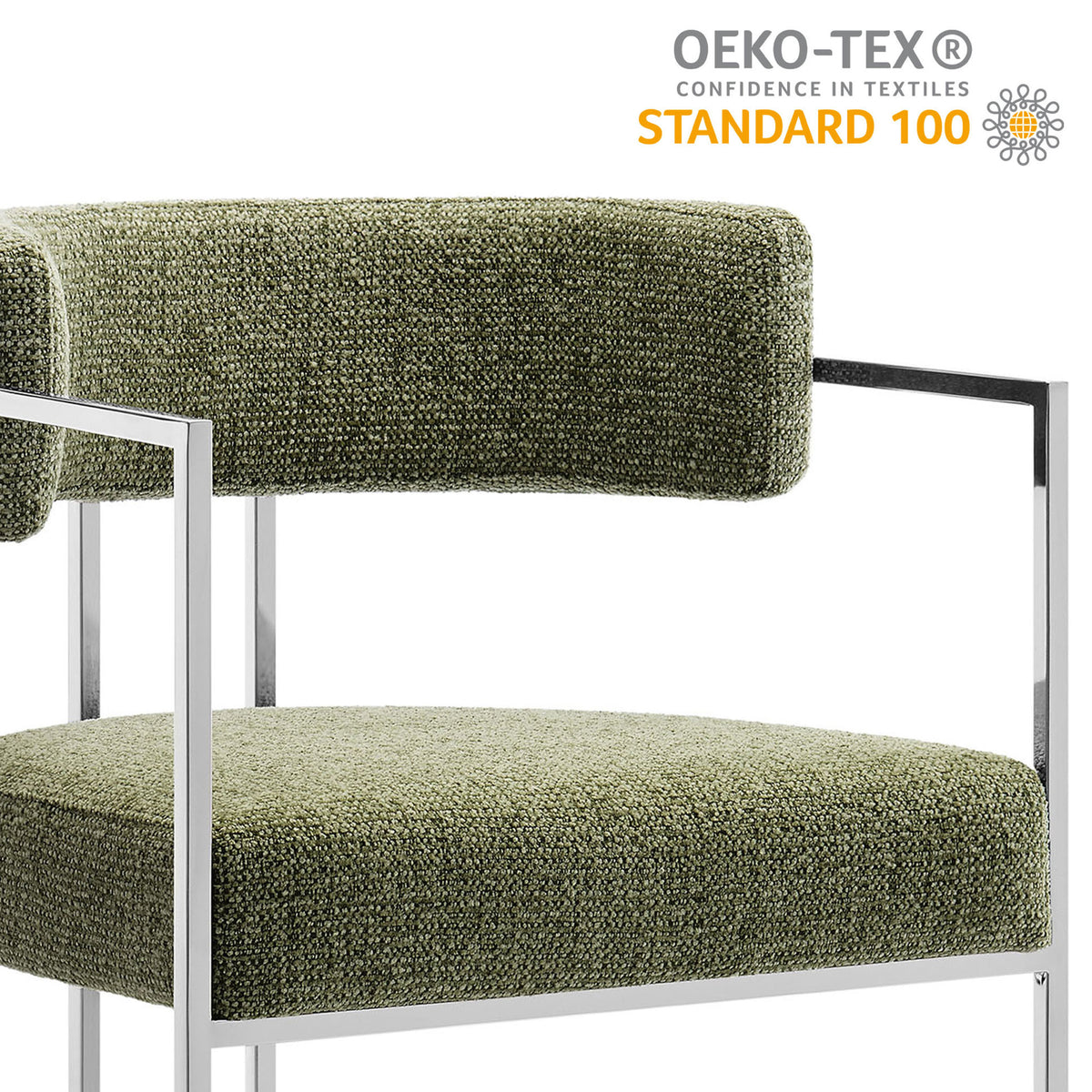 Textured green Huron dining chair shown with OEKO-TEX Standard 100 certification emblem || EEI-7228-SLV-LEA || callout_studio
