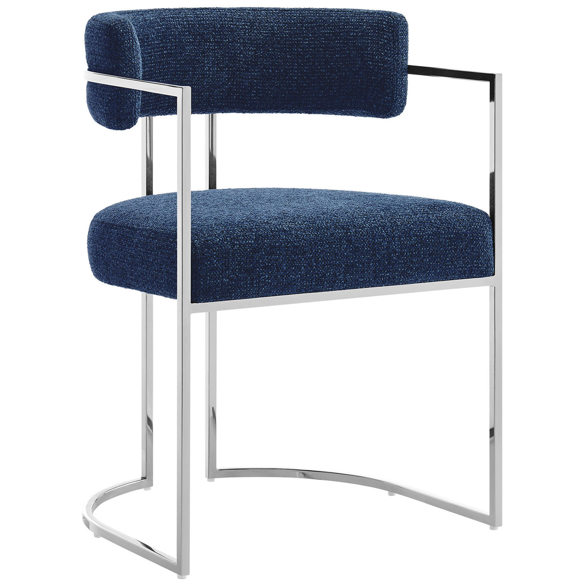 Modern barrel-back accent chair with wraparound arms and polished chrome base. || EEI-7228-SLV-NAV || front_angle_studio