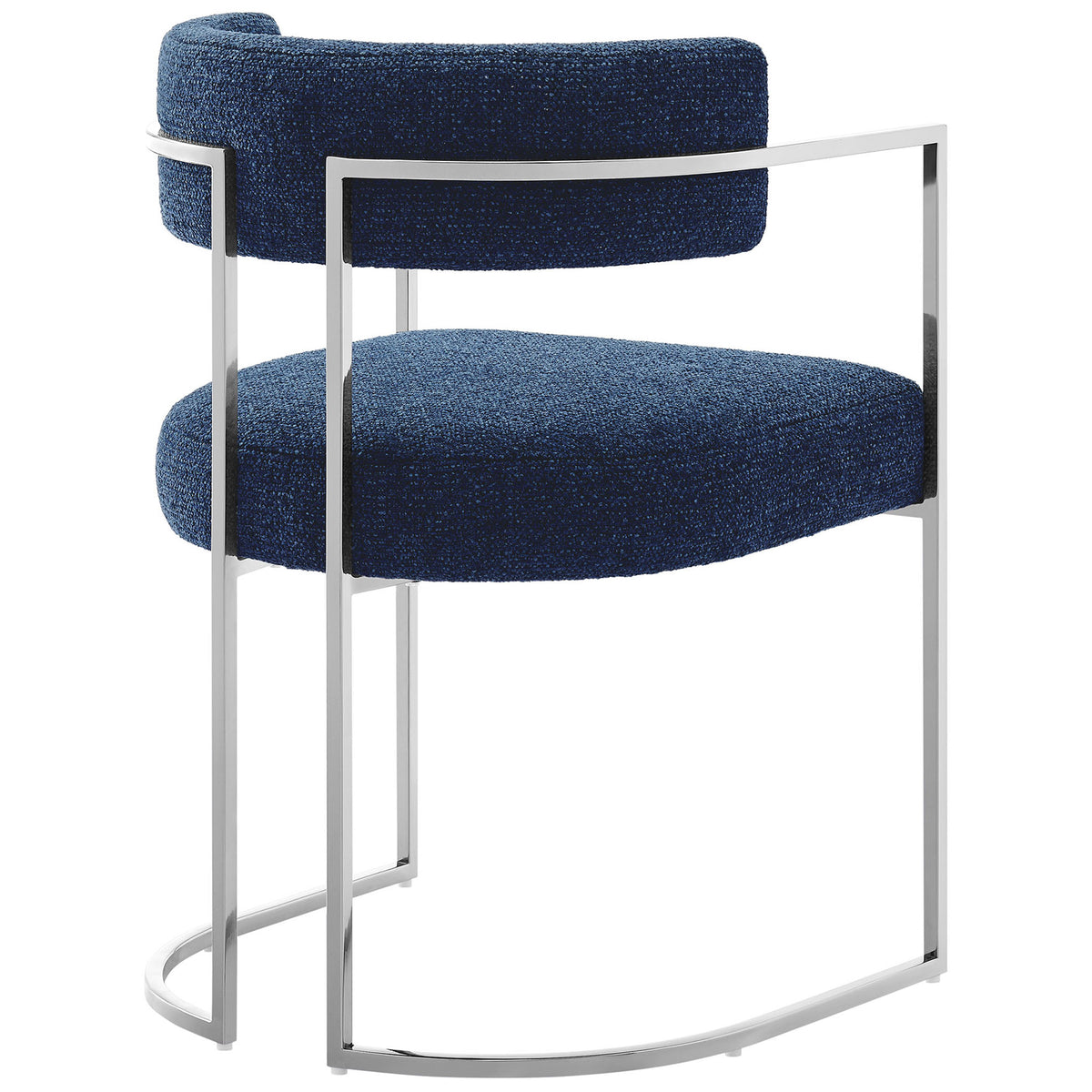 Open-back navy dining chair with slim silver frame and gently curved barrel silhouette. || EEI-7228-SLV-NAV || back_studio