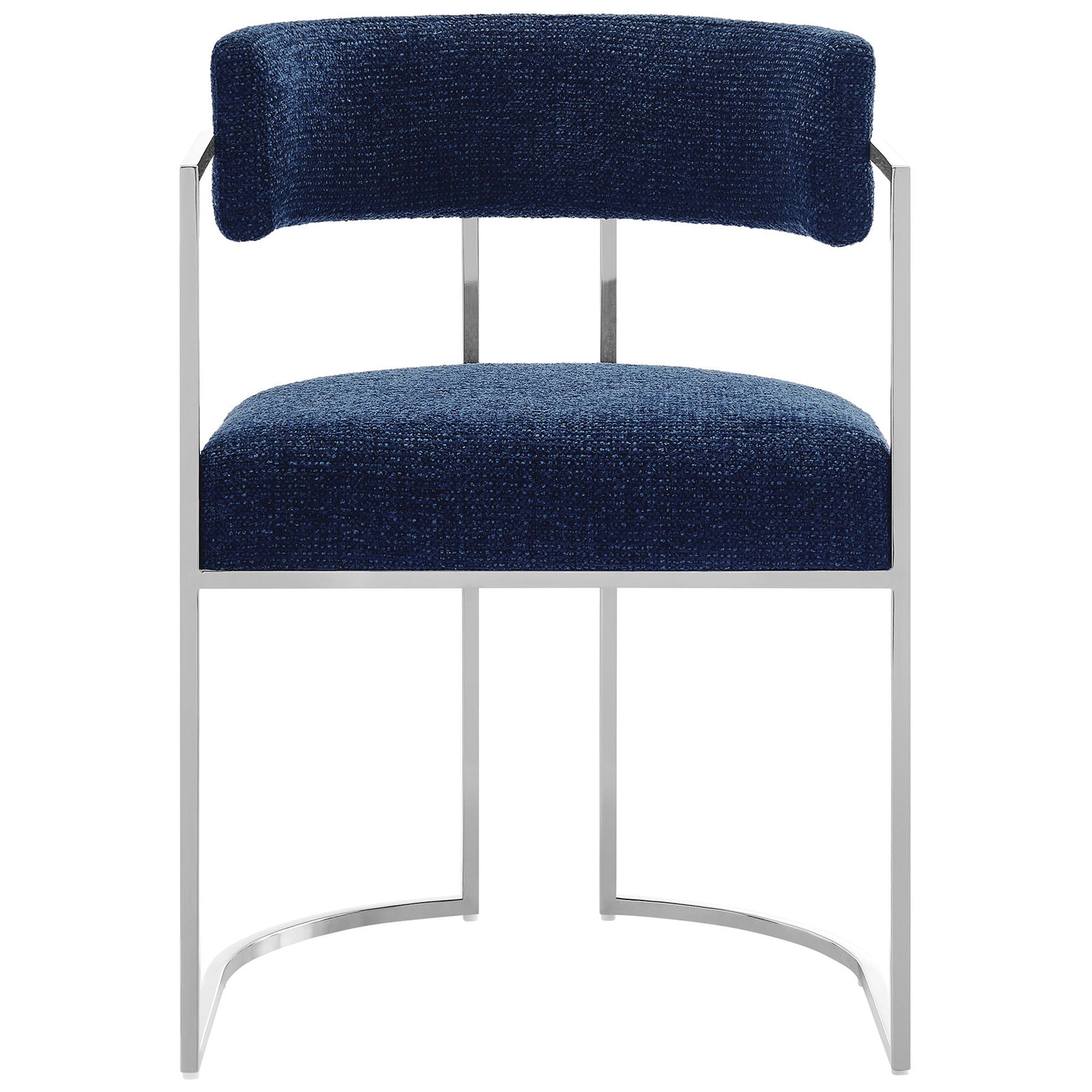 Curved navy fabric dining chair with sleek silver metal frame and sled base. || EEI-7228-SLV-NAV || front_studio