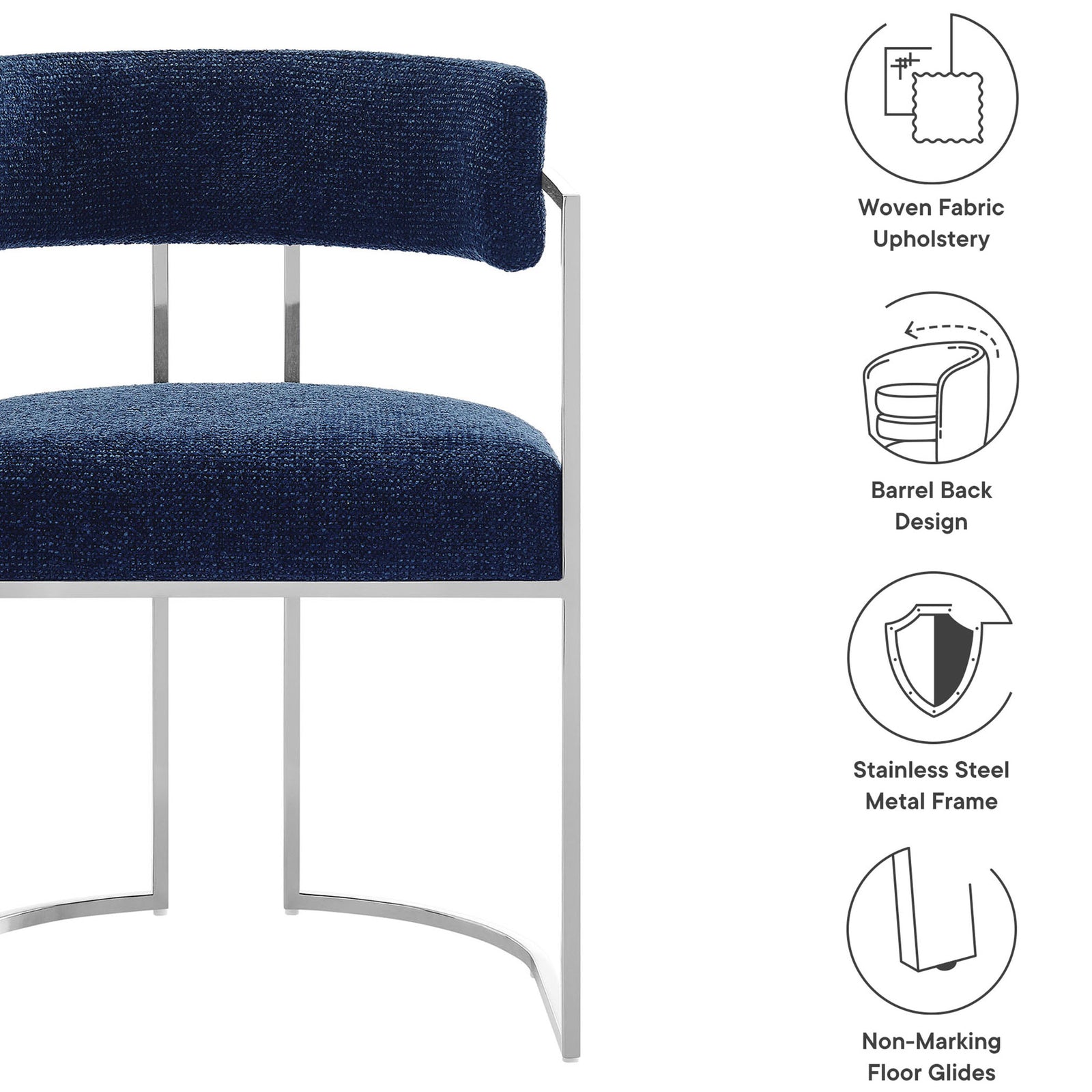 Navy barrel-back chair highlighting woven upholstery, stainless steel frame, and floor-safe glides. || EEI-7228-SLV-NAV || callout_studio