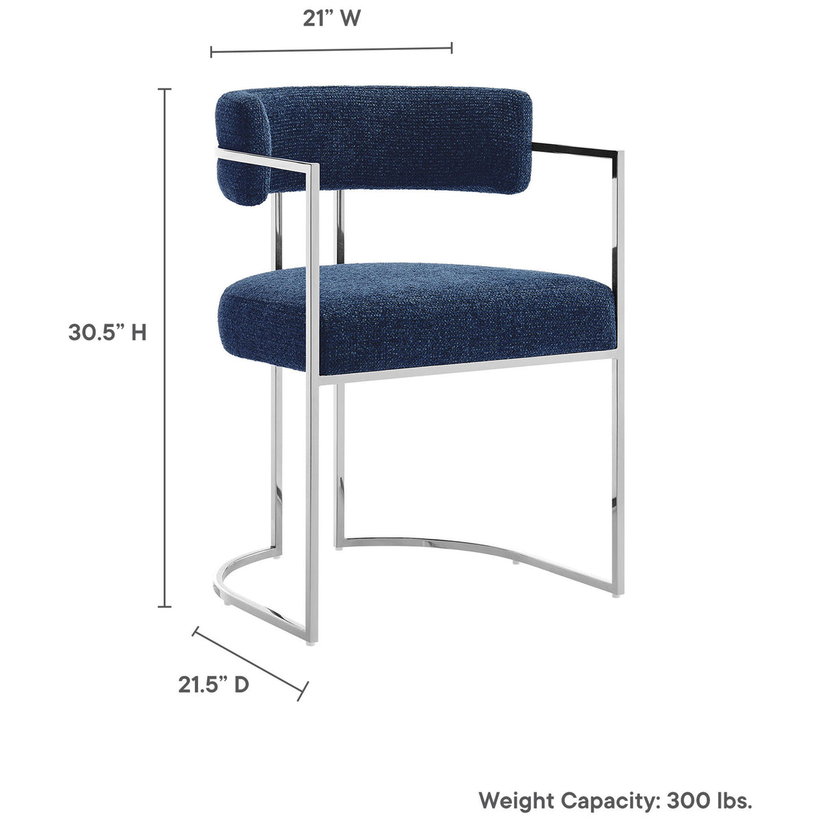 Dimensions and weight capacity for navy curved-back dining chair with metal sled base. || EEI-7228-SLV-NAV || dimension_studio
