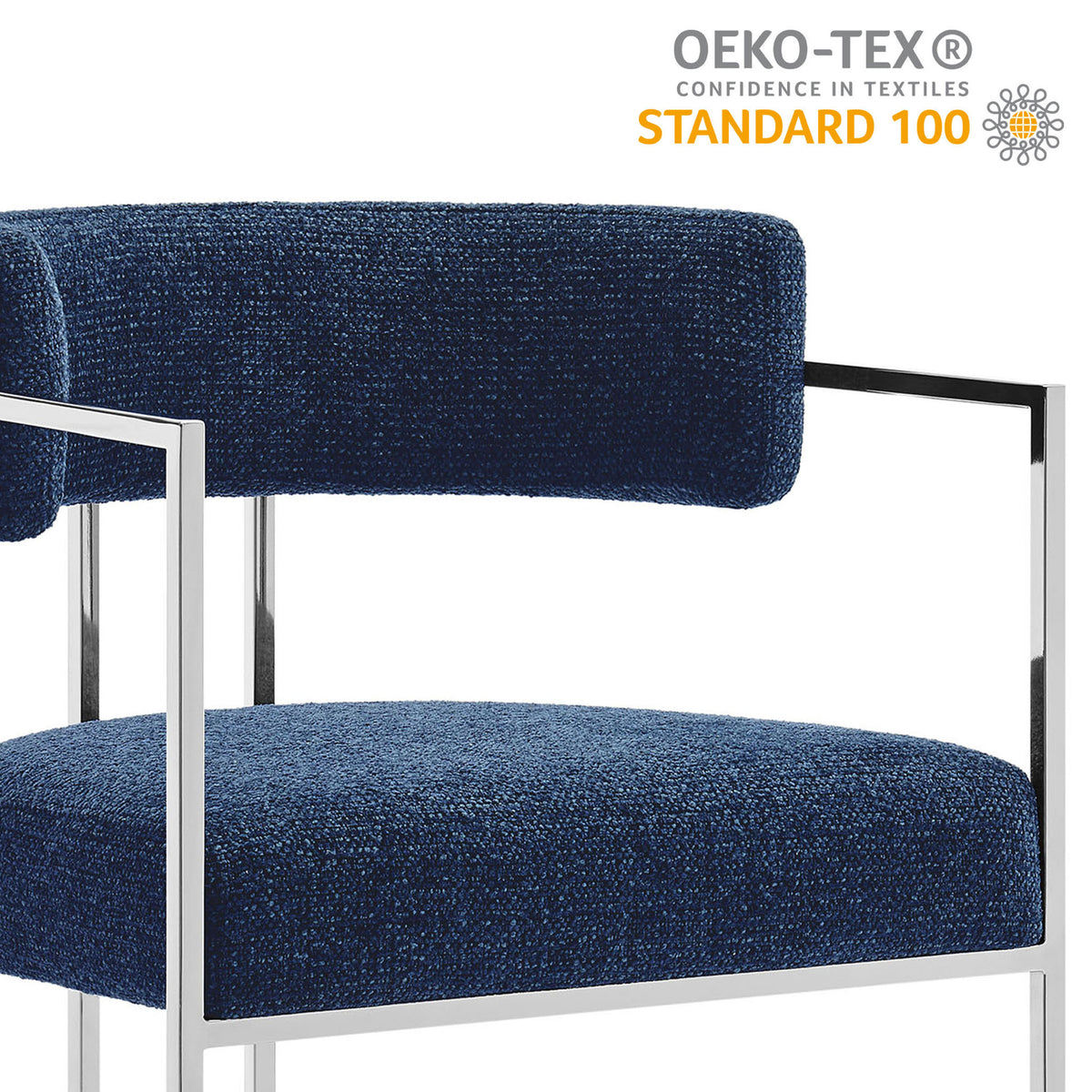 Navy upholstered dining chair with Oeko-Tex Standard 100 certified fabric and chrome frame. || EEI-7228-SLV-NAV || callout_studio