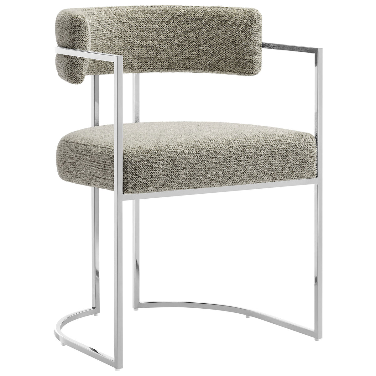 Modern barrel-back dining chair in textured Silver Wheat upholstery on a minimalist chrome frame || EEI-7228-SLV-WHE || front_angle_studio
