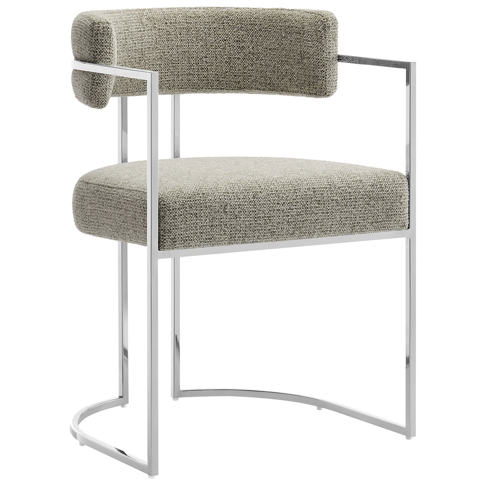 Modern barrel-back dining chair in textured Silver Wheat upholstery on a minimalist chrome frame || EEI-7228-SLV-WHE || front_angle_studio