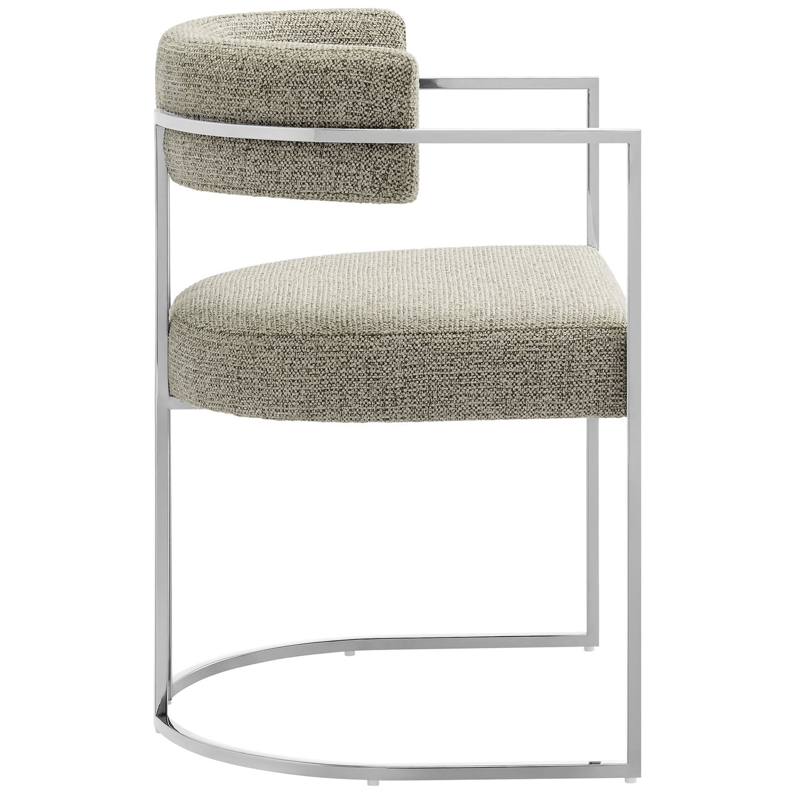 Low-profile dining chair with thick cushioned seat and open-arm chrome sled base || EEI-7228-SLV-WHE || side_studio