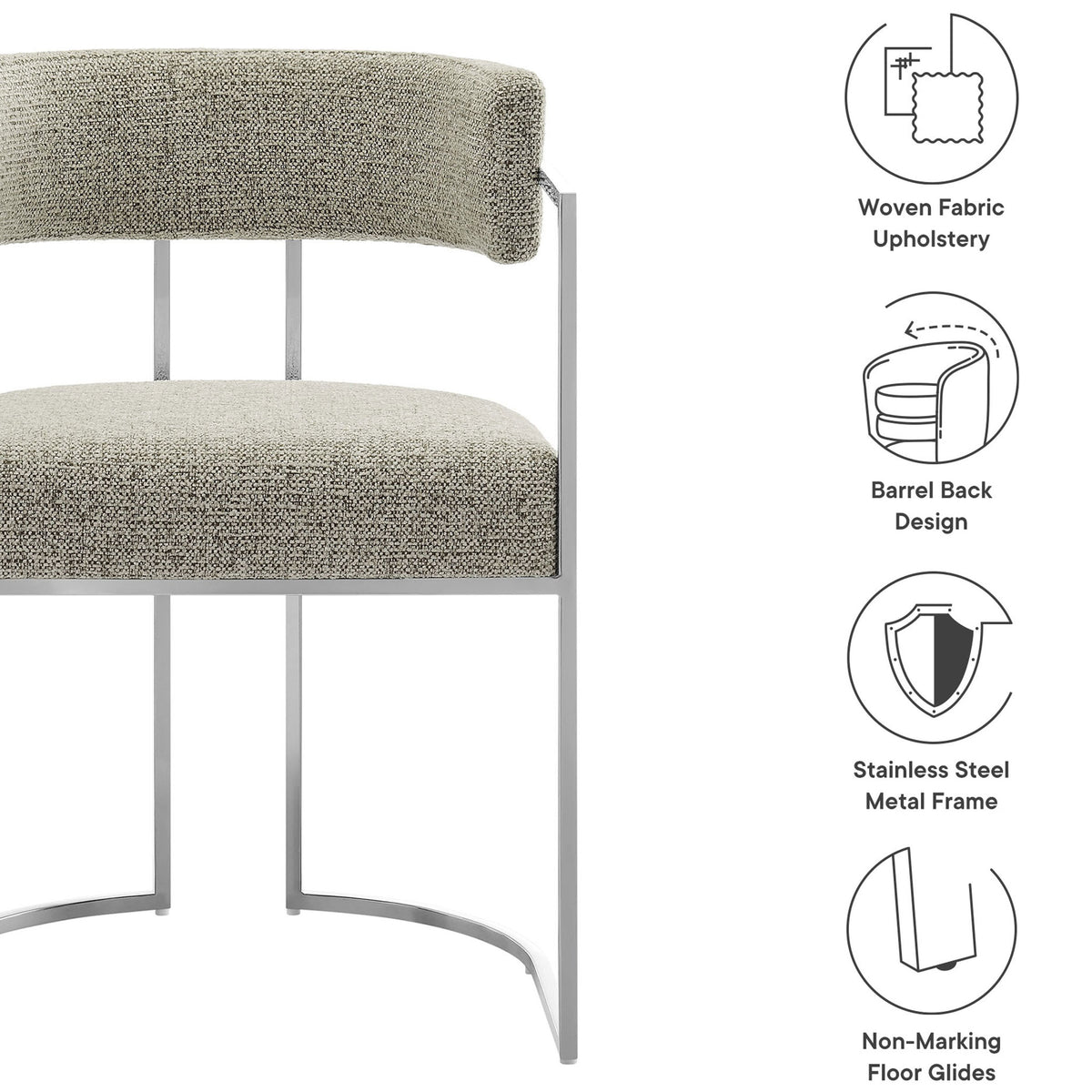 Feature graphic highlights woven upholstery, barrel-back design, metal frame, and floor-friendly glides || EEI-7228-SLV-WHE || callout_studio
