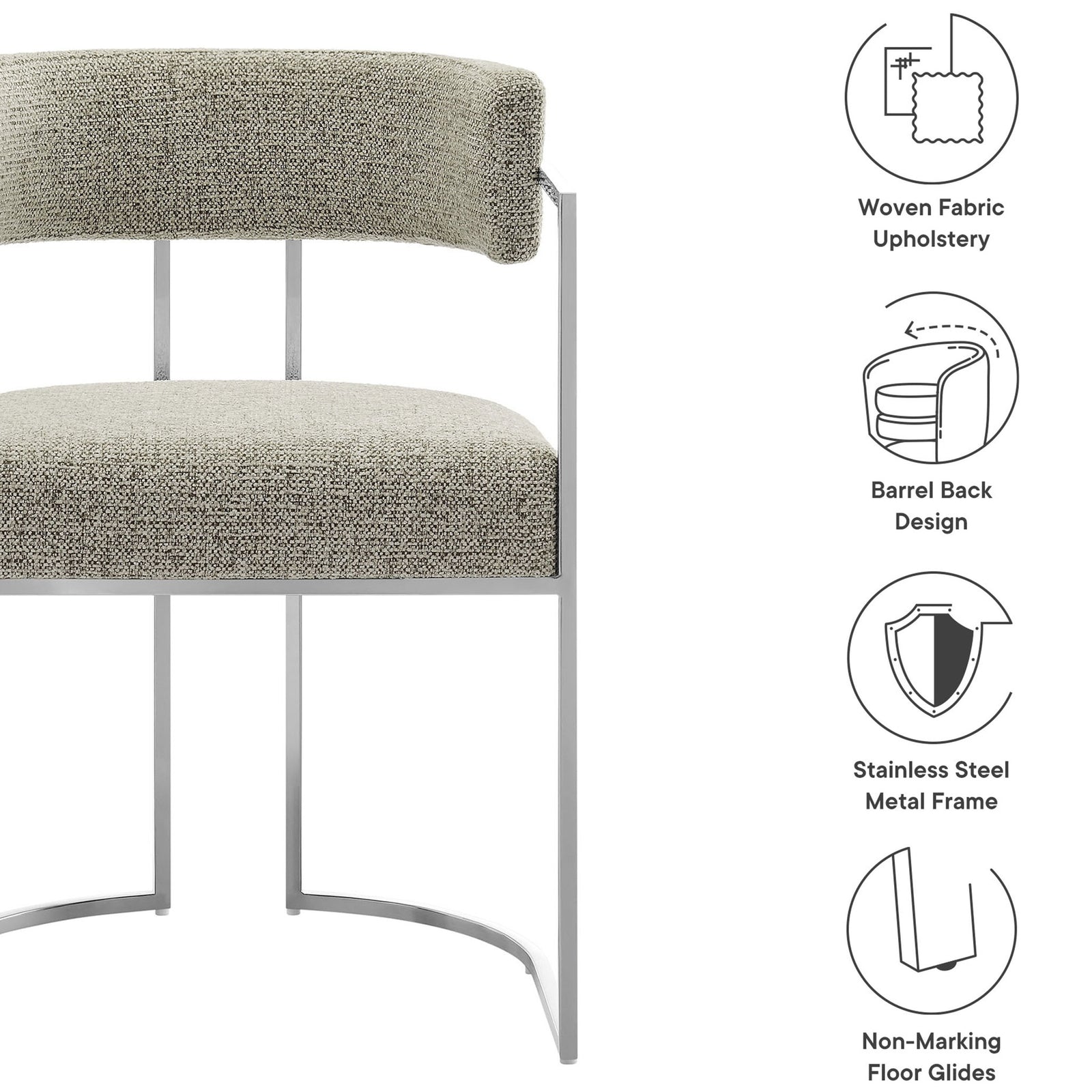 Feature graphic highlights woven upholstery, barrel-back design, metal frame, and floor-friendly glides || EEI-7228-SLV-WHE || callout_studio