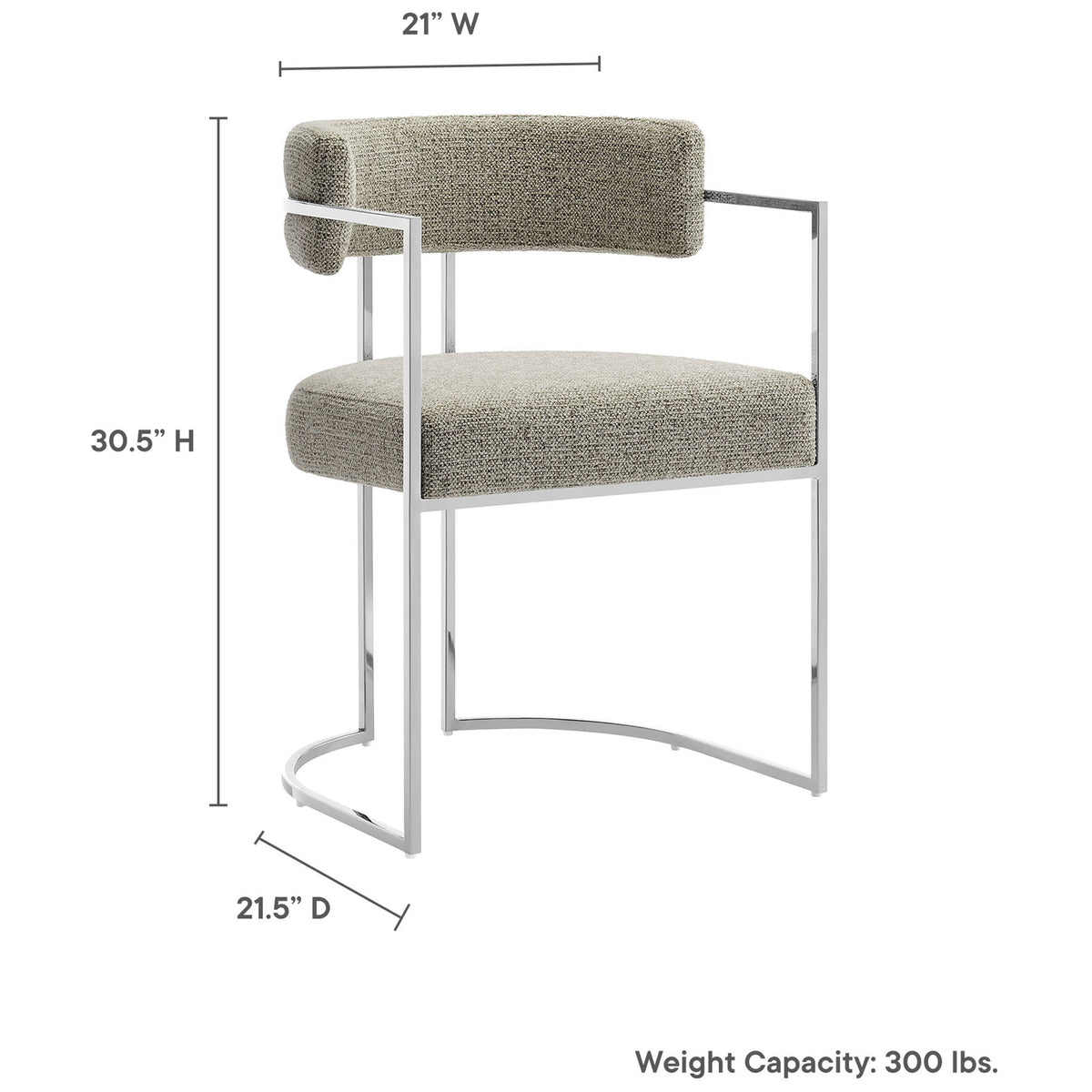 Dimension graphic shows compact footprint and 300 lb weight capacity of the Huron dining chair || EEI-7228-SLV-WHE || dimension_studio
