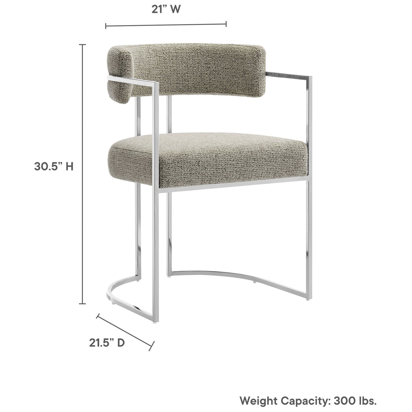 Dimension graphic shows compact footprint and 300 lb weight capacity of the Huron dining chair || EEI-7228-SLV-WHE || dimension_studio
